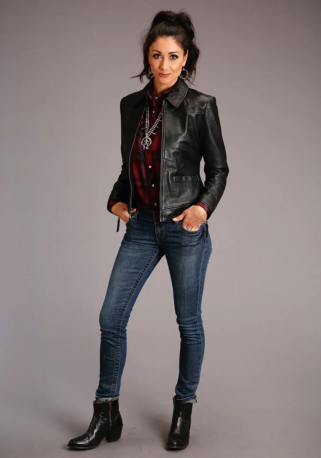 Chic Design Look Softened Denim Material Stetson Womens Black Lamb Leather Smooth Collared Jacket