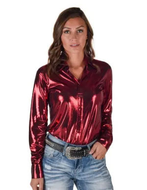 Striped style Cowgirl Tuff Womens Shiny Metallic Red Polyester L/S Shirt Beach Wear Sophisticated Style Cowgirl Tuff Womens Shiny Metallic Red Polyester L/S Shirt