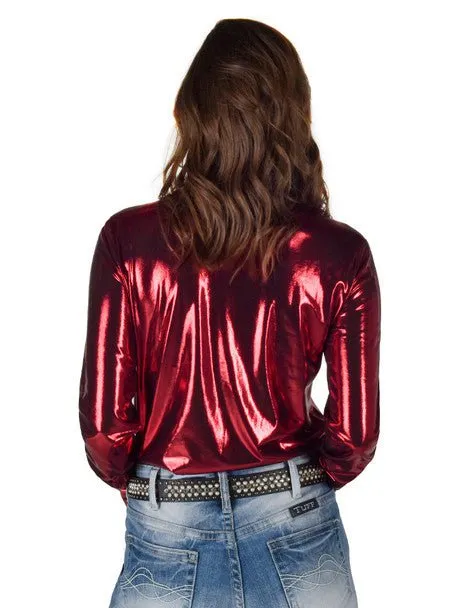 Anniversary Special Cowgirl Tuff Womens Shiny Metallic Red Polyester L/S Shirt