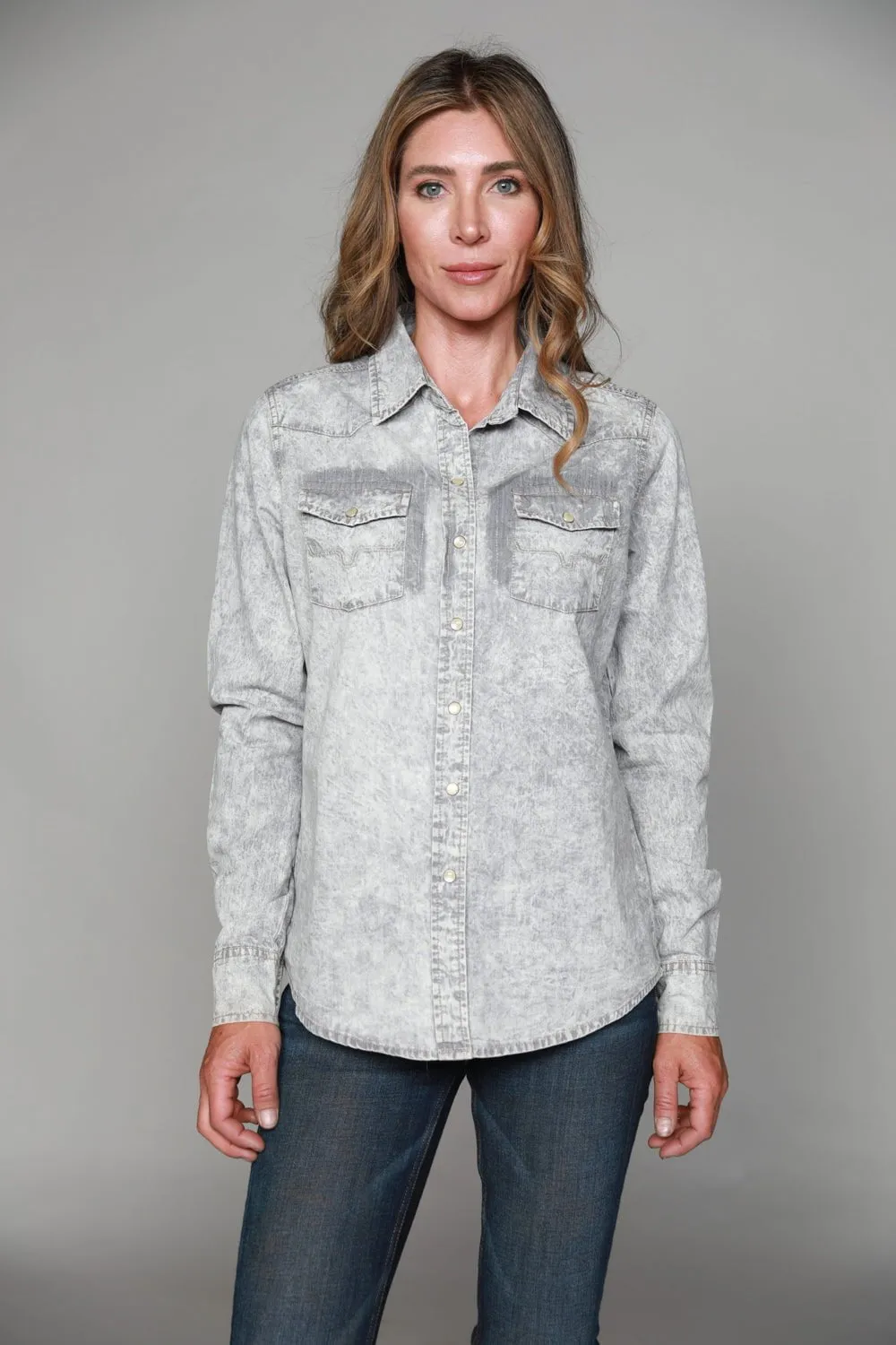 Kimes Ranch Womens KC Top Light Grey 100% Tencel L/S Western Shirt Structured Shoulder Support