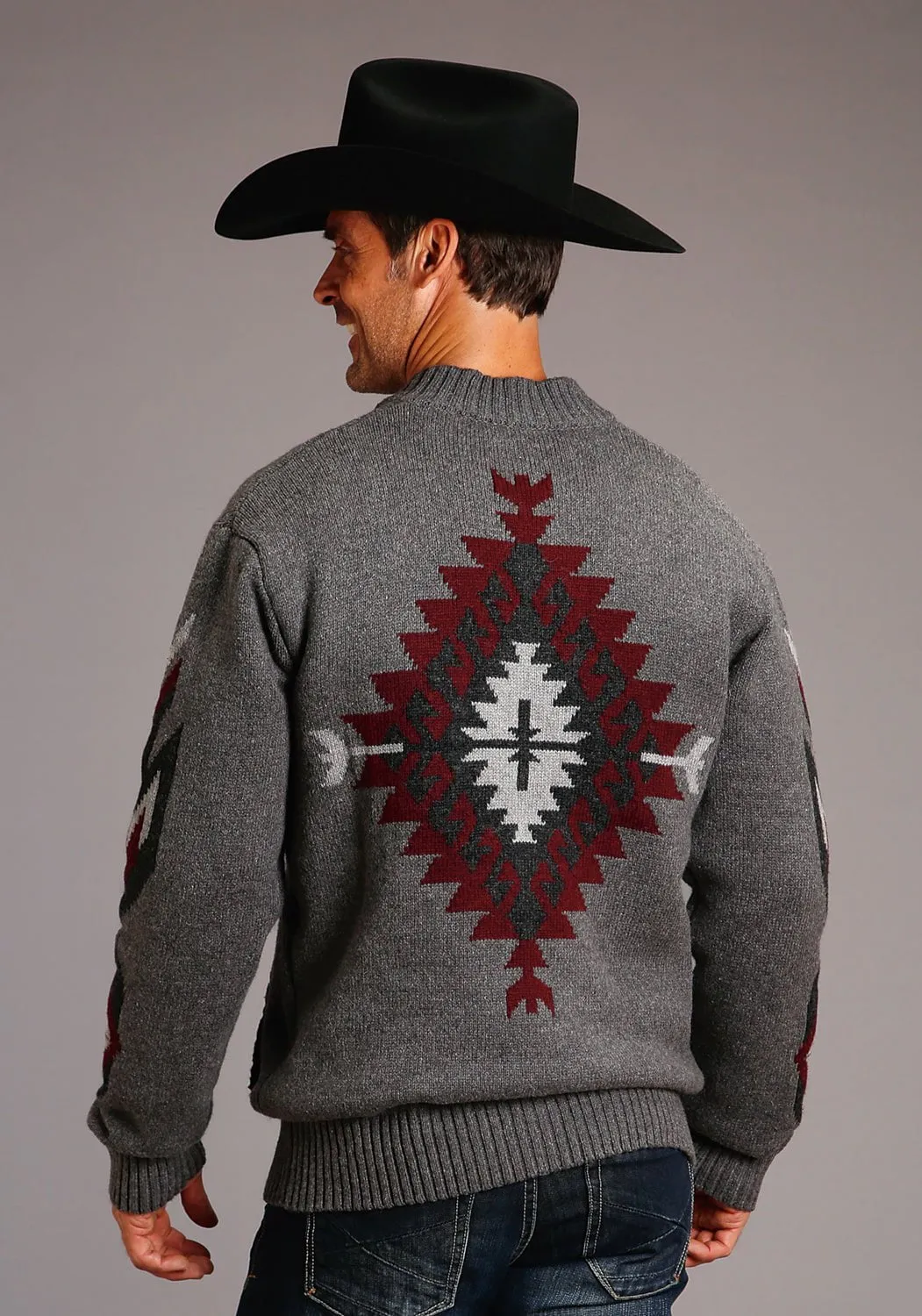 Button-up Earthy Hue Stetson Mens Grey/Red Cotton/Wool Aztec Pattern Cardigan
