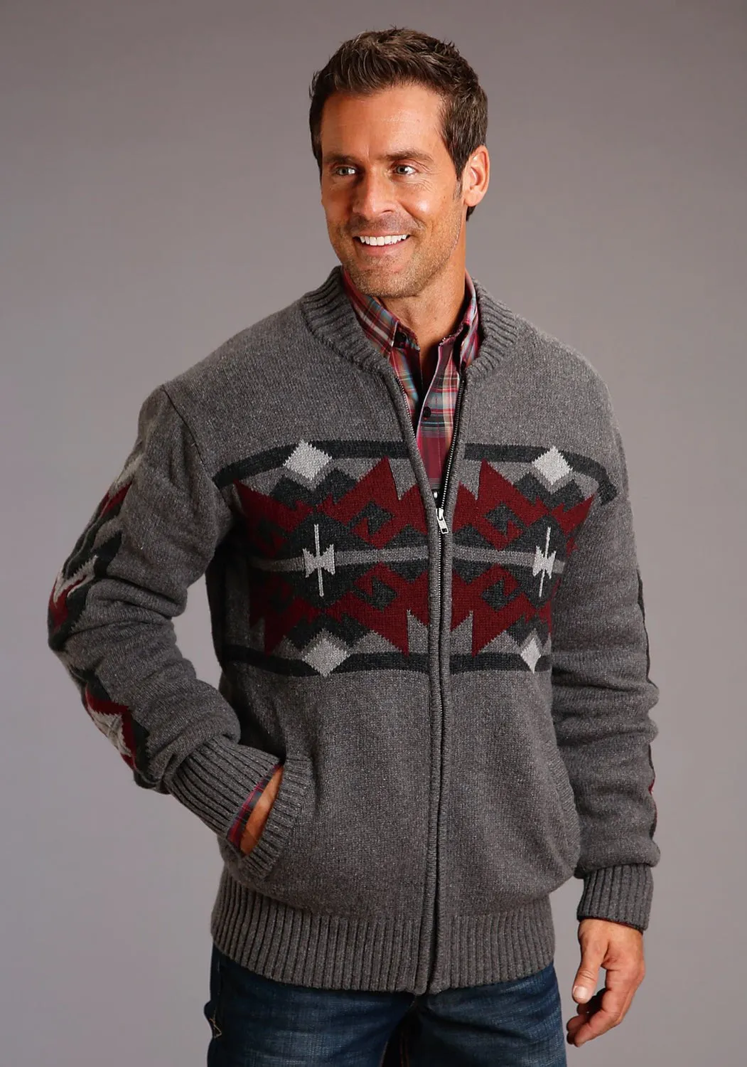 Simple Layer Fashion Layer Stetson Mens Grey/Red Cotton/Wool Aztec Pattern Cardigan