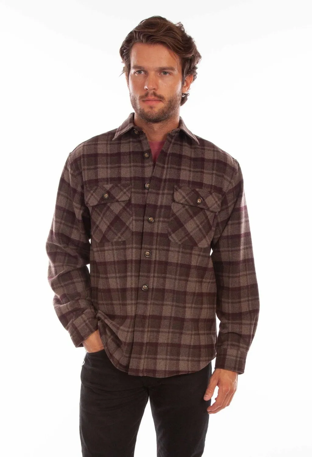 Scully Mens Chocolate/Port Wool Blend Flannel Plaid L/S Shirt family gathering Artistic Design