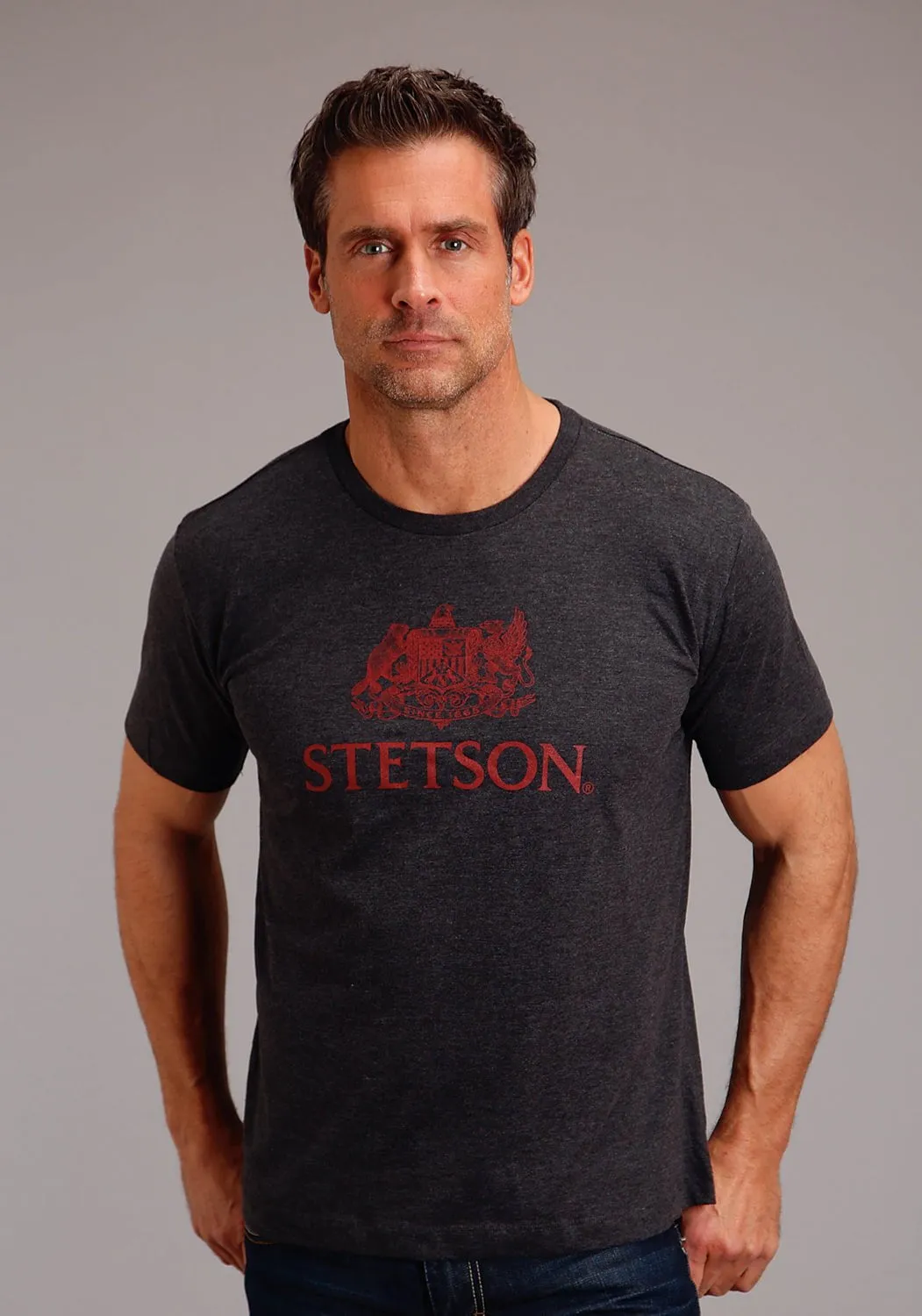 Odor control Checkered Look Stetson Mens Dark Grey Cotton Blend Crest Screenprint S/S T-Shirt