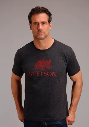 Stylish Basics Stetson Mens Dark Grey Cotton Blend Crest Screenprint S/S T-Shirt Layered Hemline Stetson Mens Dark Grey Cotton Blend Crest Screenprint S/S T-Shirt