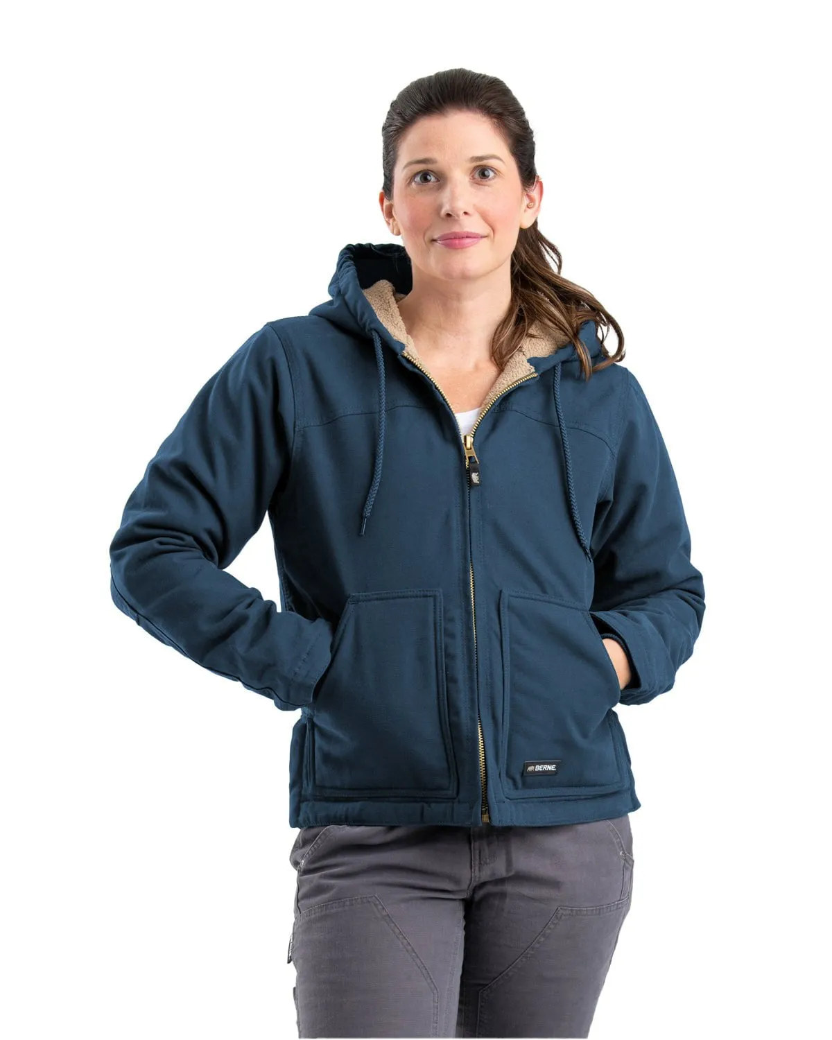 Berne Womens Sherpa-Lined Softstone Duck Hooded Midnight Rain 100% Cotton Jacket Clean Shape Neutral Look