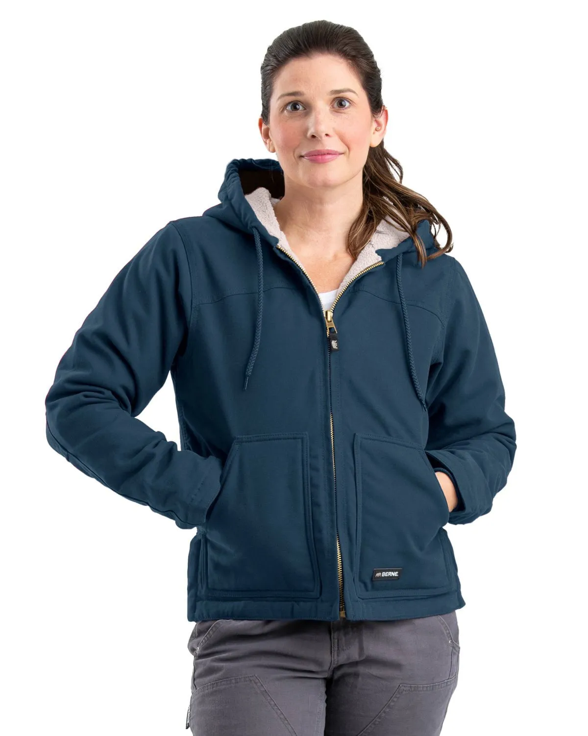 Berne Womens Sherpa-Lined Softstone Duck Hooded Midnight Rain 100% Cotton Jacket Flexible Waistband Construction