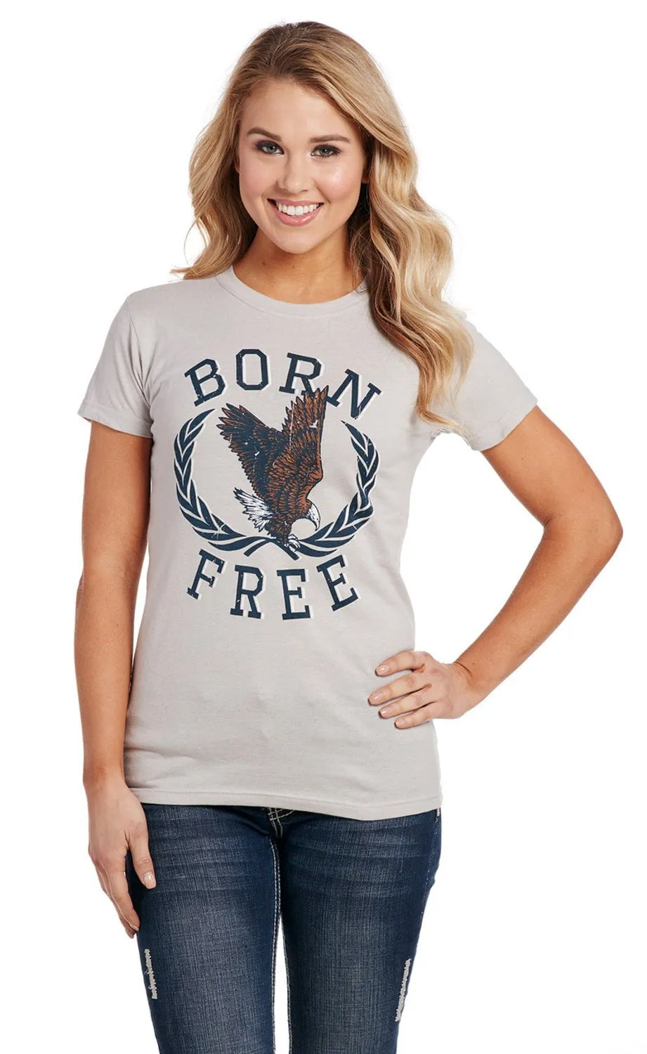 Cowgirl Up Womens Born Free Crew Neck Vintage Grey 100% Cotton S/S T-Shirt Unique Design