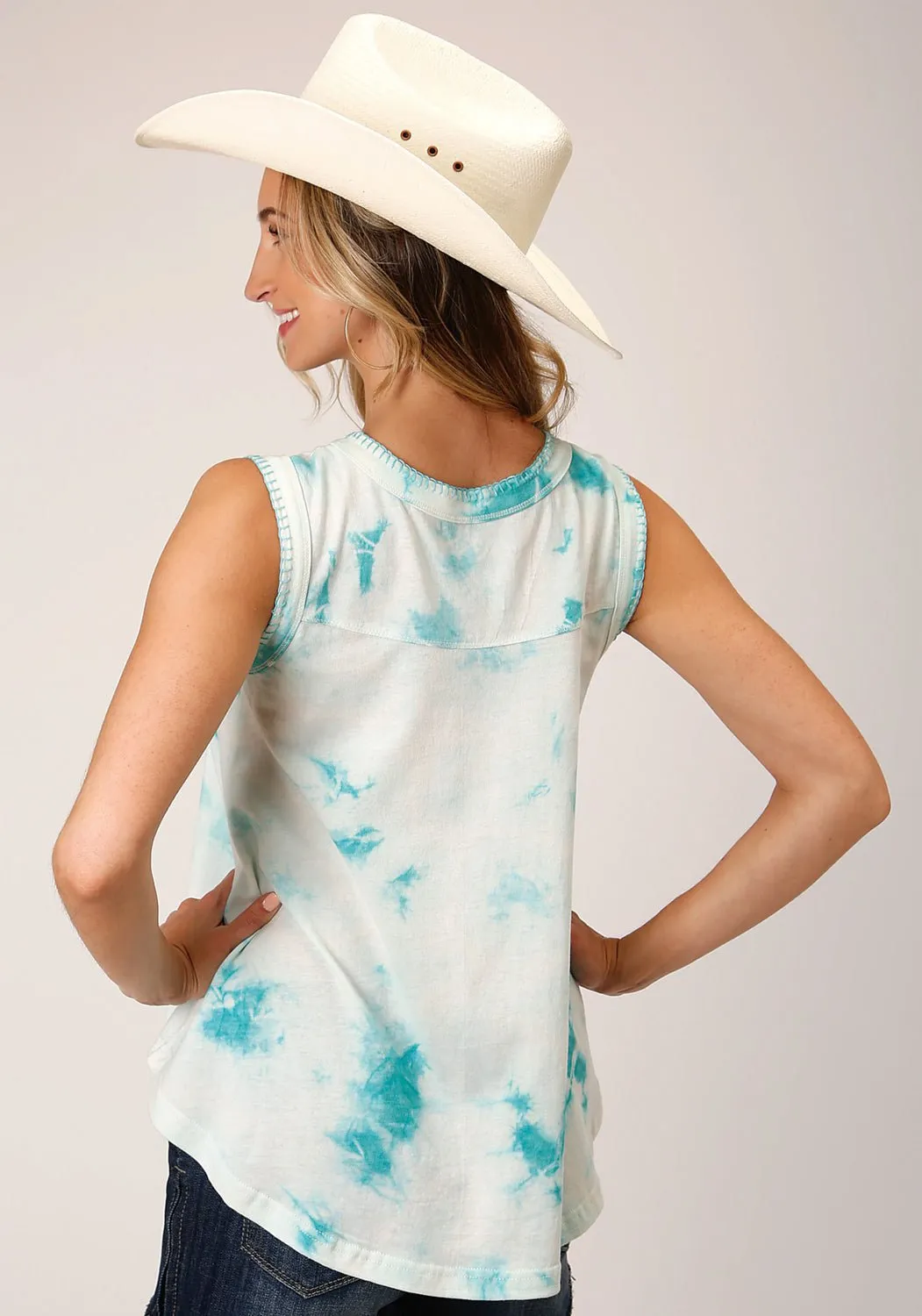 Neutral Shade Tailored Cut Roper Womens Tie Dye Blue 100% Cotton S/L Tank Top