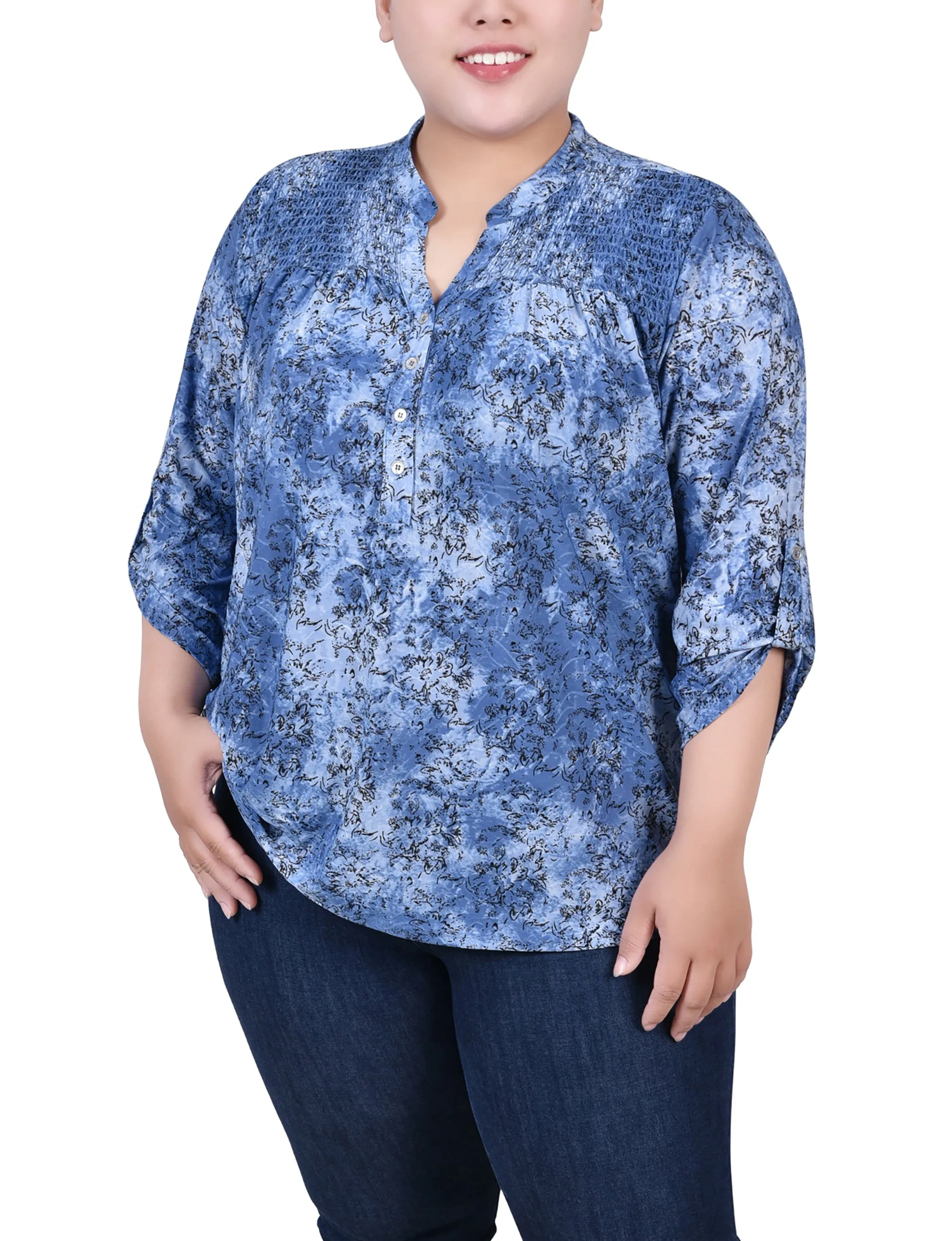 Plus Size 3/4 Roll Tab Sleeve Smocked-Yoke Top Dreamy Drape