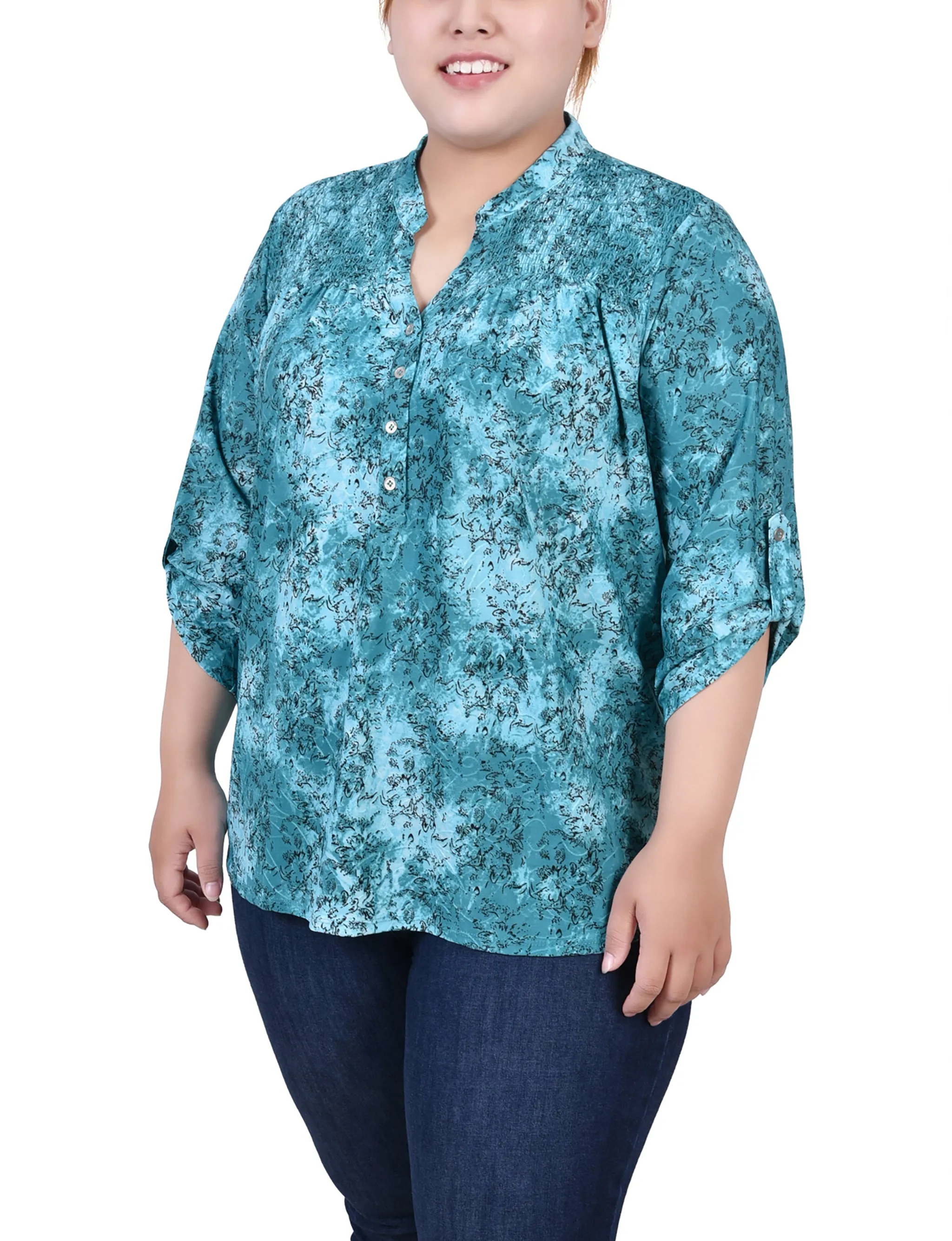 Smart Shape Plus Size 3/4 Roll Tab Sleeve Smocked-Yoke Top
