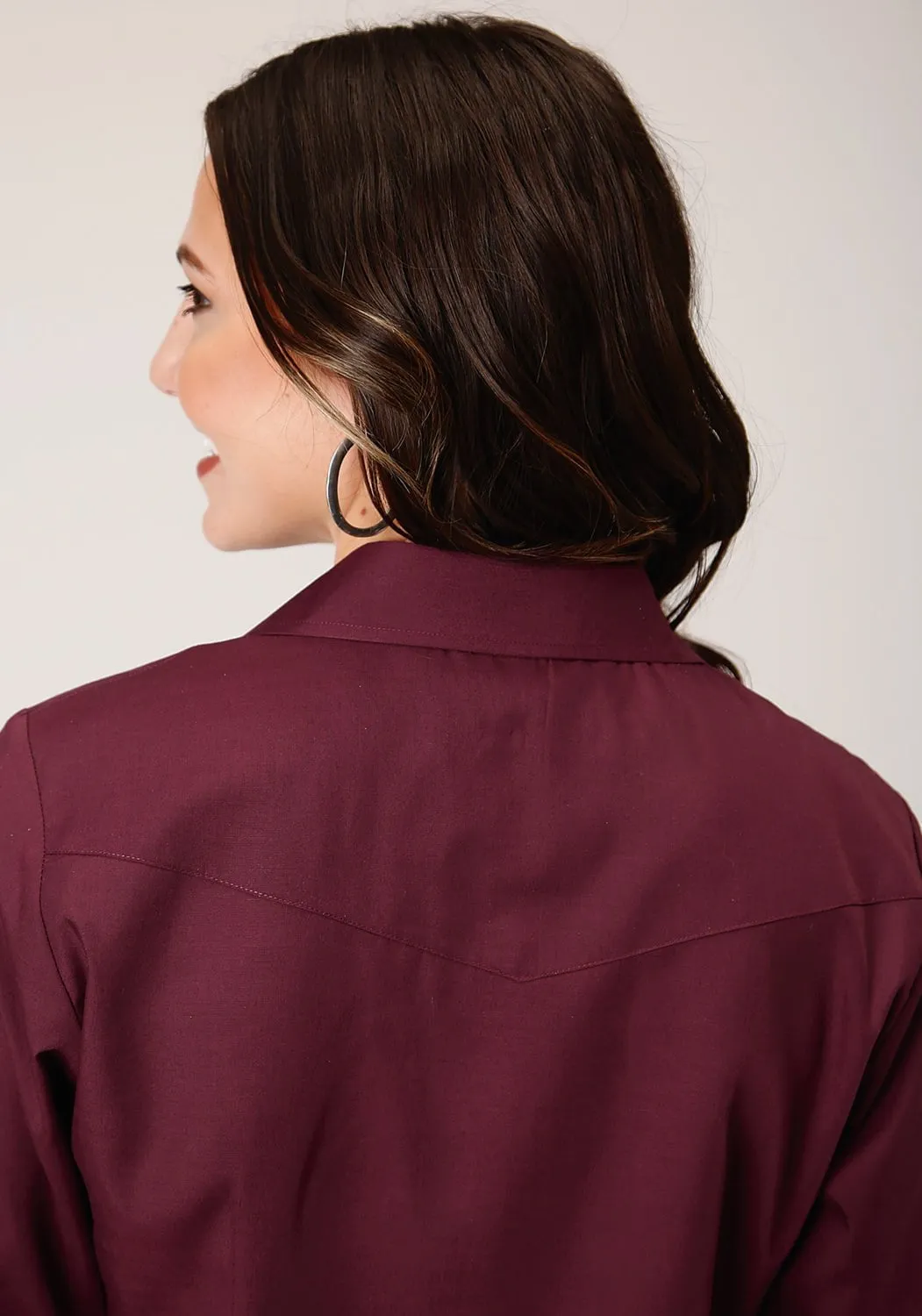 Roper Womens Solid Broadcloth Wine Cotton Blend L/S Shirt Vintage Wash Sporty Layer