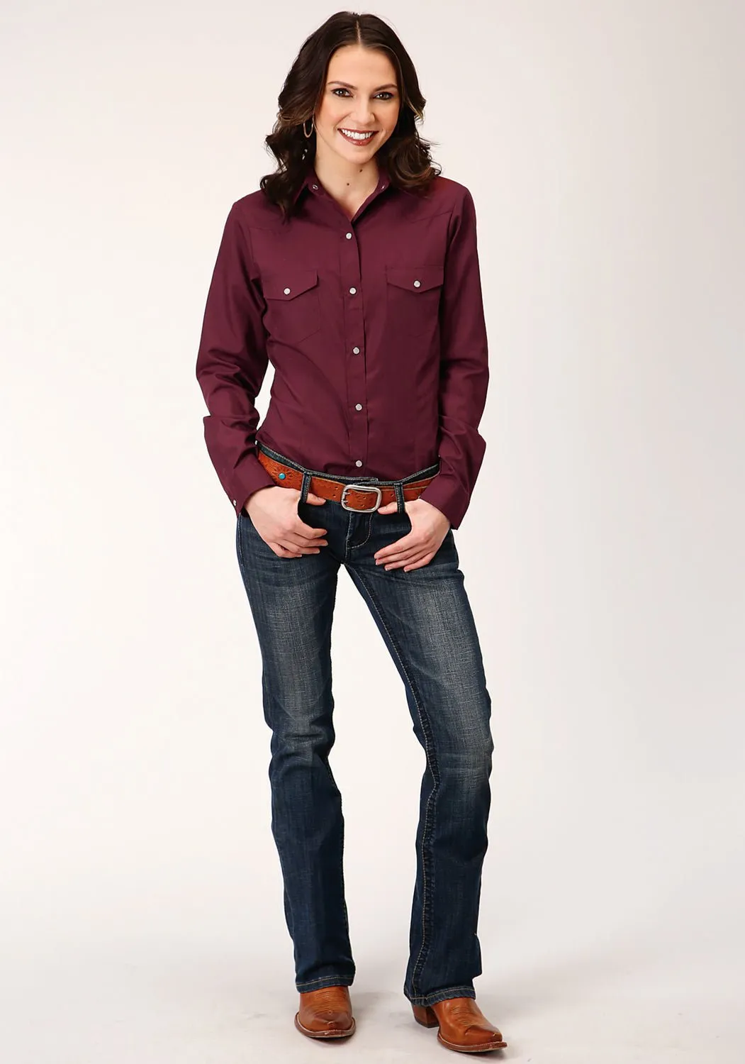 Winter Layering Roper Womens Solid Broadcloth Wine Cotton Blend L/S Shirt