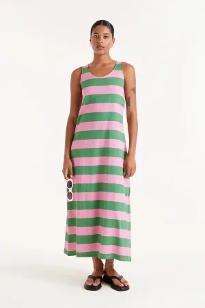 Stylish Garment Striped Maxi Dress in Pink and Green Classic Layer Silky-Feel Striped Maxi Dress in Pink and Green