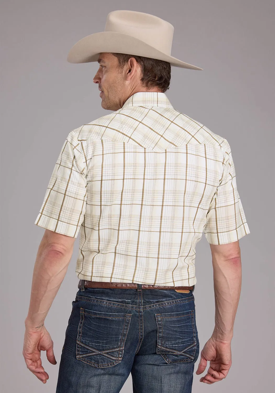Roper Mens 2406 Neutral Plaid Tan Cotton Blend S/S Shirt Perfect Look