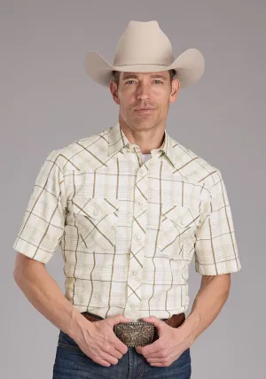 Stylish Look Roper Mens 2406 Neutral Plaid Tan Cotton Blend S/S Shirt All-Season Wear Fashion-Forward Roper Mens 2406 Neutral Plaid Tan Cotton Blend S/S Shirt