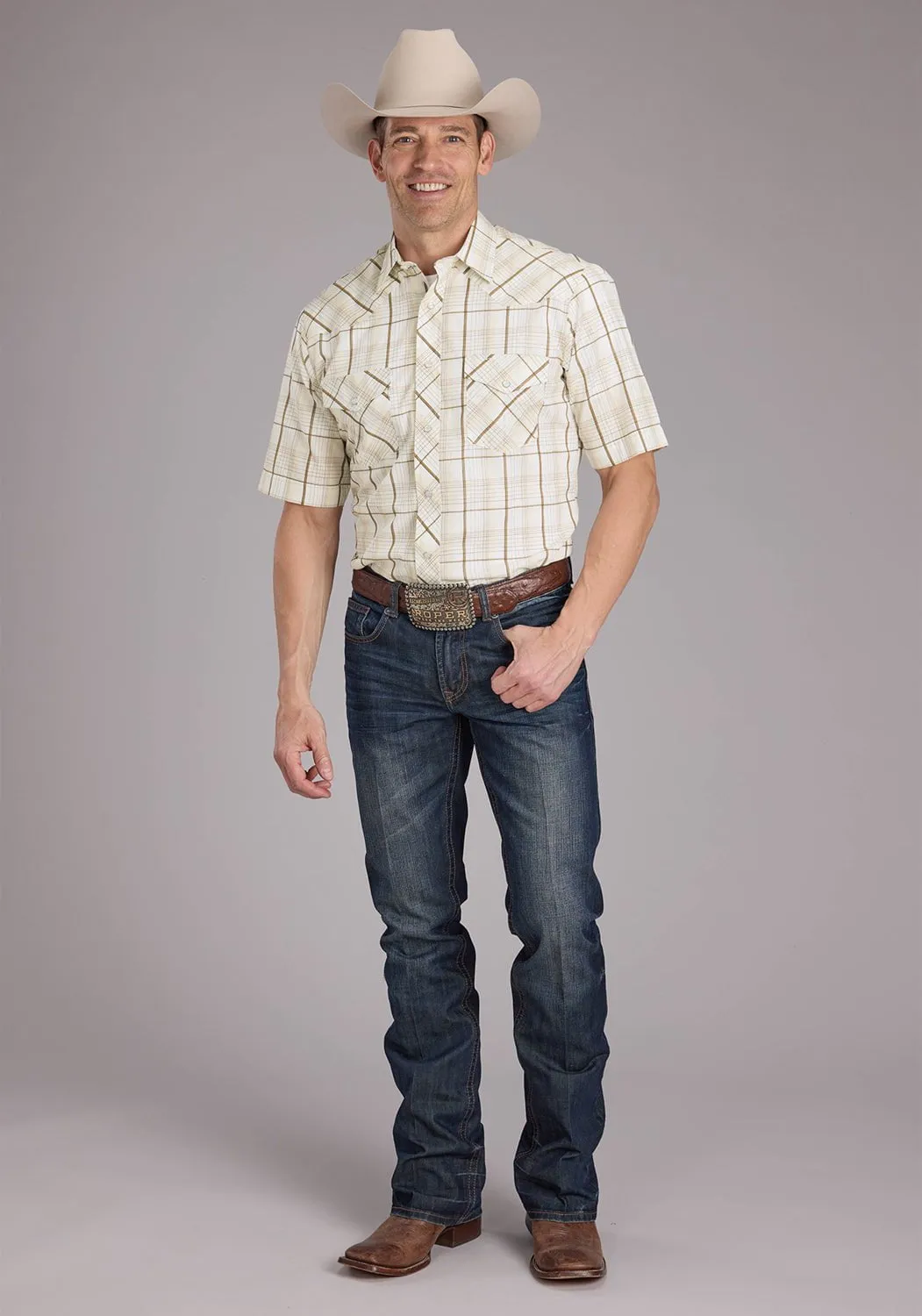 Chill Comfort Roper Mens 2406 Neutral Plaid Tan Cotton Blend S/S Shirt