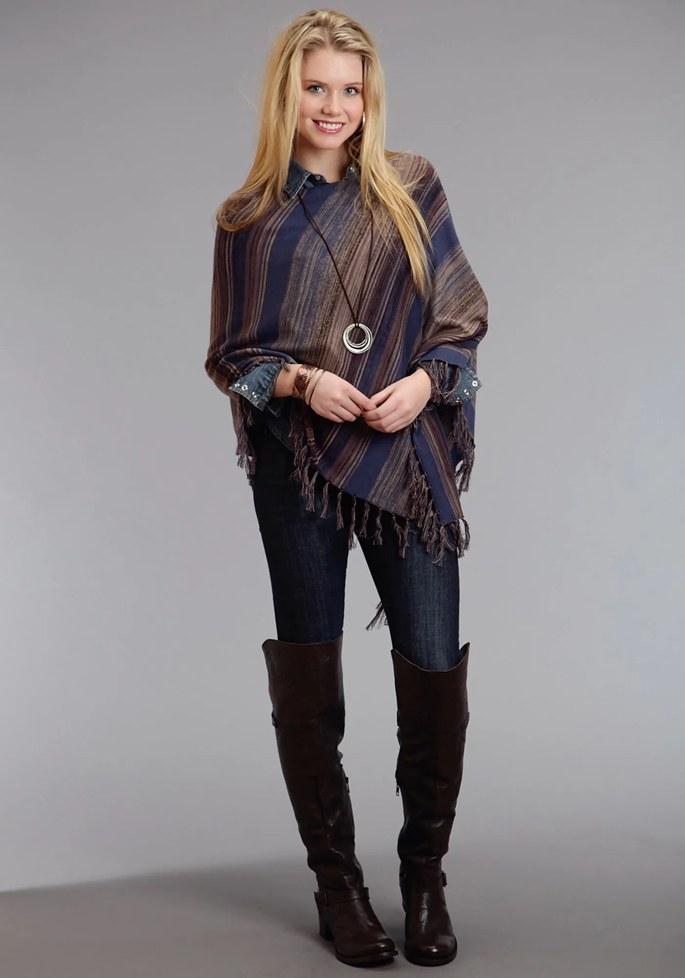 Stetson Womens Asymmetrical Scoop Neck Blue Cotton Blend Poncho Low Effort Slim Family Style Daily Wear
