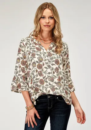 stylish outfits Roper Womens 1977 Vintage Floral Cream 100% Rayon L/S Blouse Roper Womens 1977 Vintage Floral Cream 100% Rayon L/S Blouse high-low hem