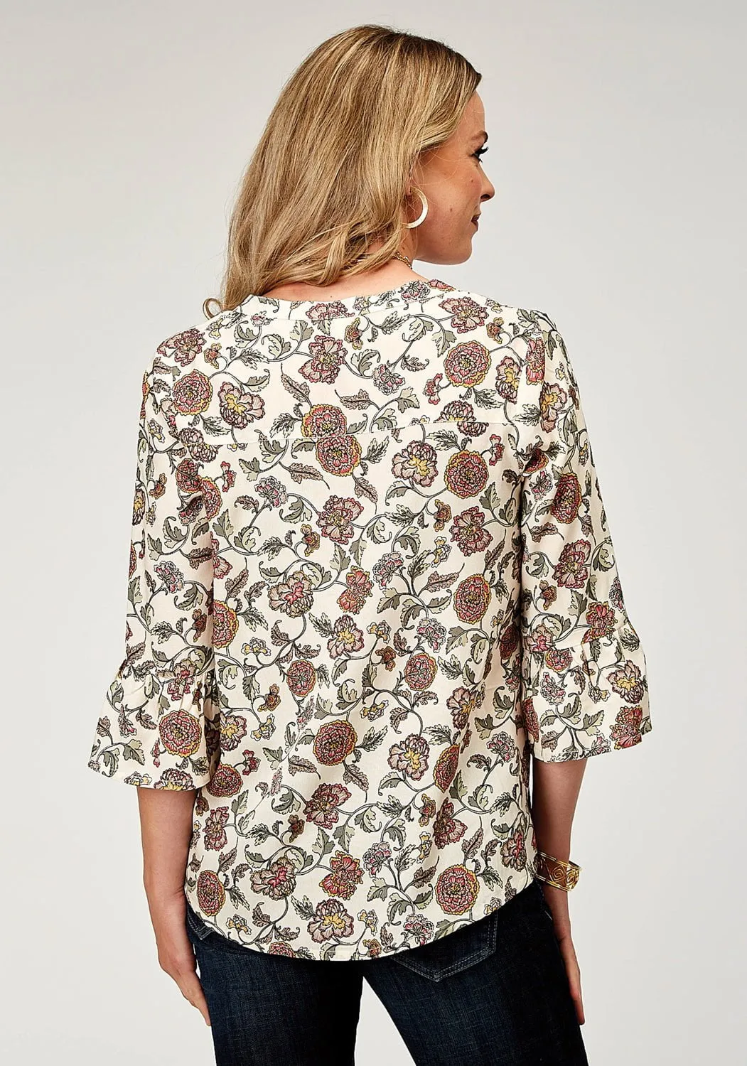Timeless Wardrobe Contemporary Style Roper Womens 1977 Vintage Floral Cream 100% Rayon L/S Blouse