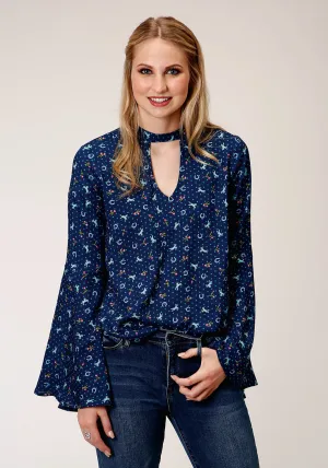 Stylish Pattern Roper Womens Blue Rayon/Nylon Horse Print L/S Blouse Roper Womens Blue Rayon/Nylon Horse Print L/S Blouse Party Look Modern Minimalist Compact Weave Technology