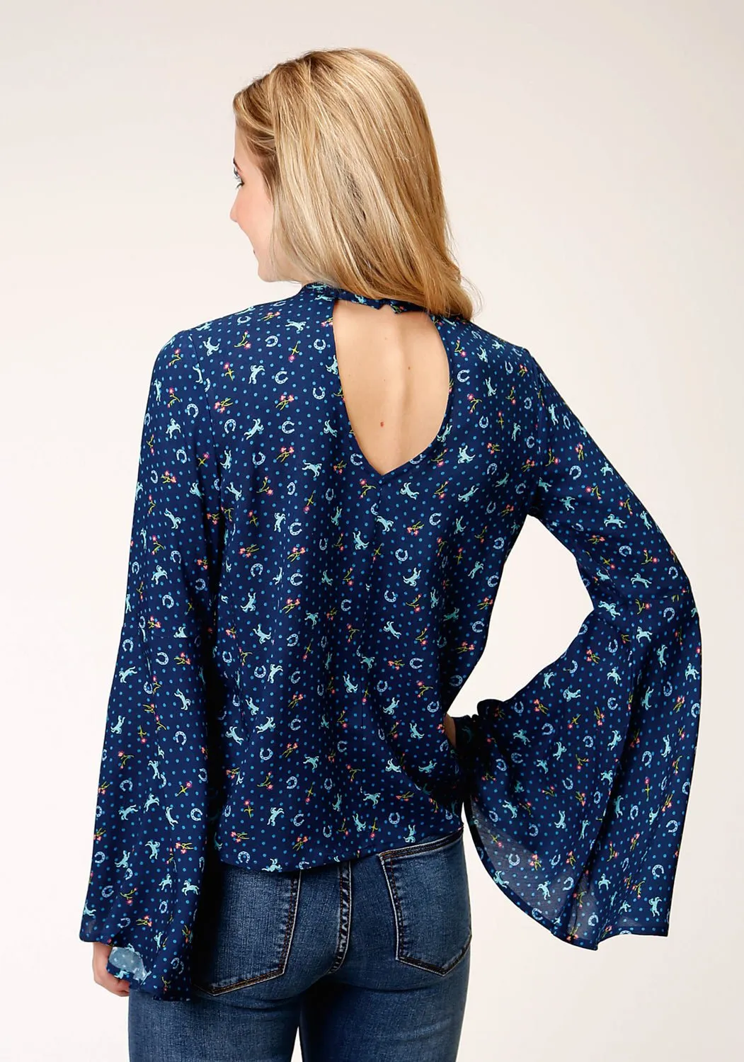 Roper Womens Blue Rayon/Nylon Horse Print L/S Blouse Timeless Cut