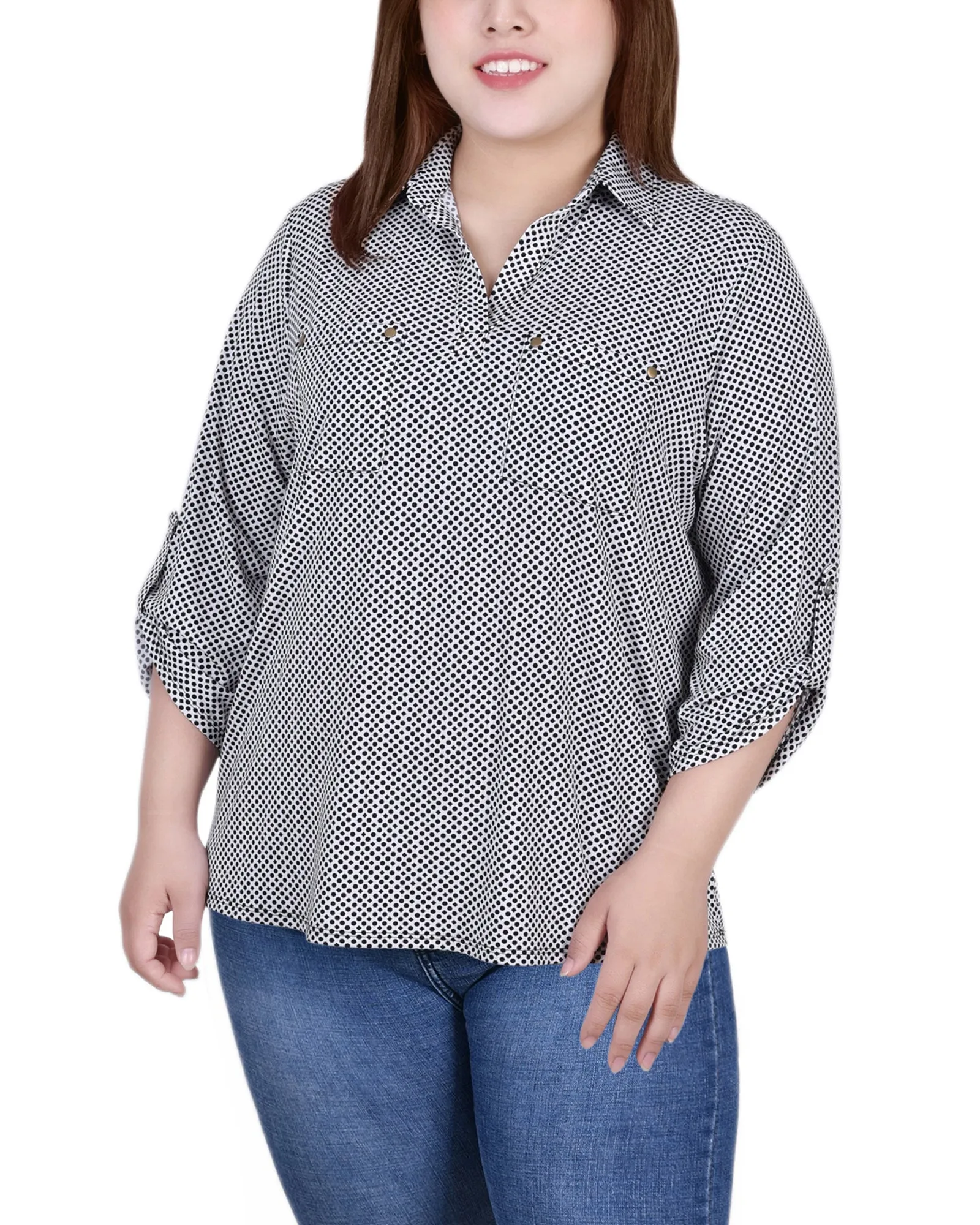 Plus Size 3/4 Roll Tab Sleeve Studded Y Neck Top Flexible Fabric Versatile Style Wear