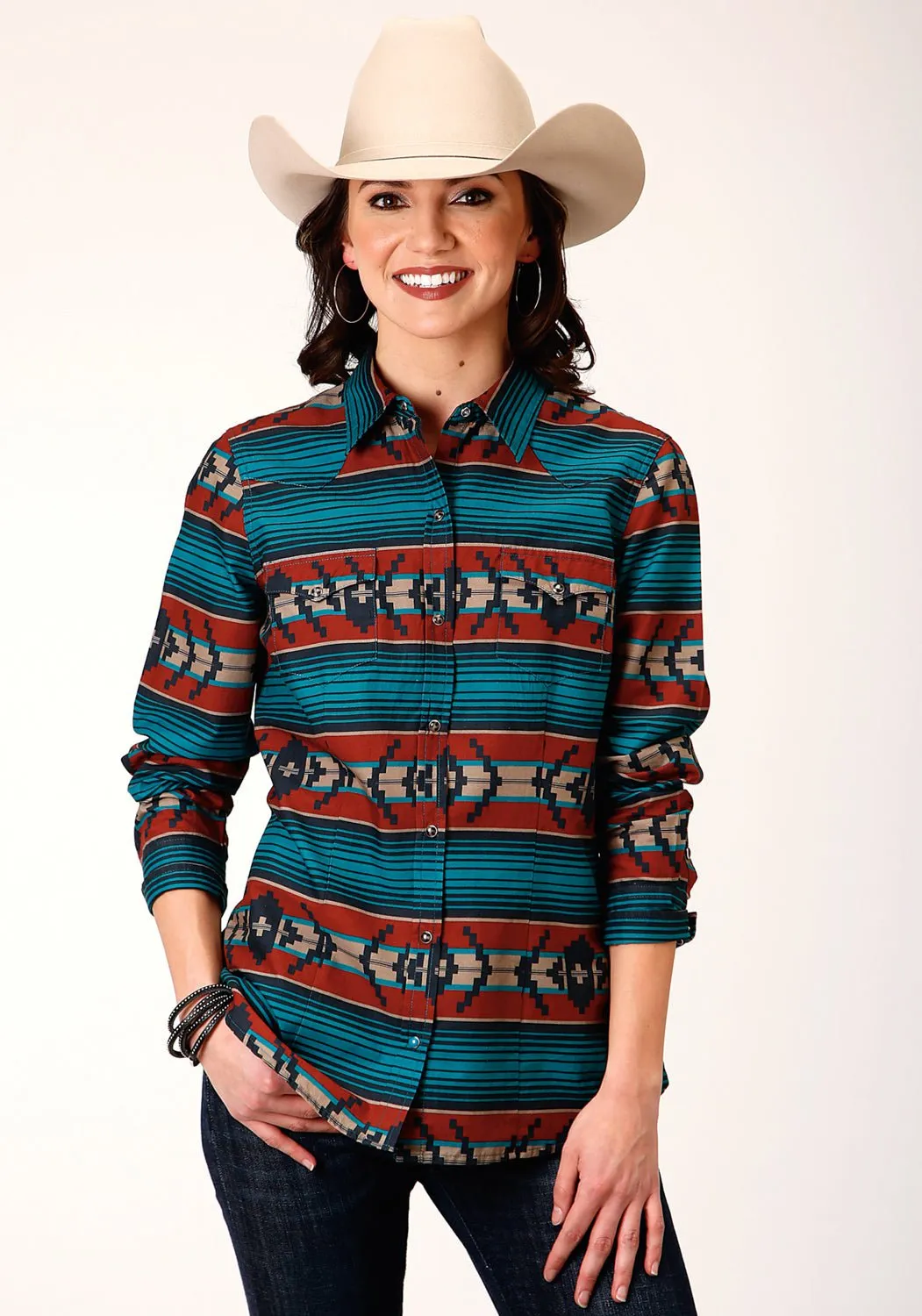 Roper Womens Multi-Color 100% Cotton Ombre Aztec L/S Shirt Eco Certified Textile Standards
