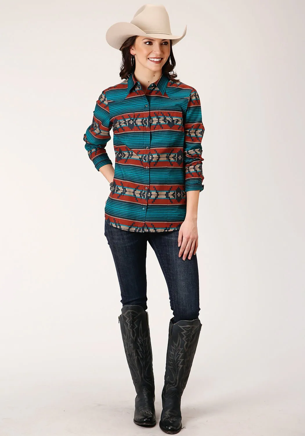 Weighted Hemline All Rounder Roper Womens Multi-Color 100% Cotton Ombre Aztec L/S Shirt