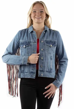 Stylish Shape Scully Womens Americana Denim Fringe Red/White/Blue Cotton Blend Cotton Jacket Scully Womens Americana Denim Fringe Red/White/Blue Cotton Blend Cotton Jacket Sustainable Road Trip Outfit Ideas