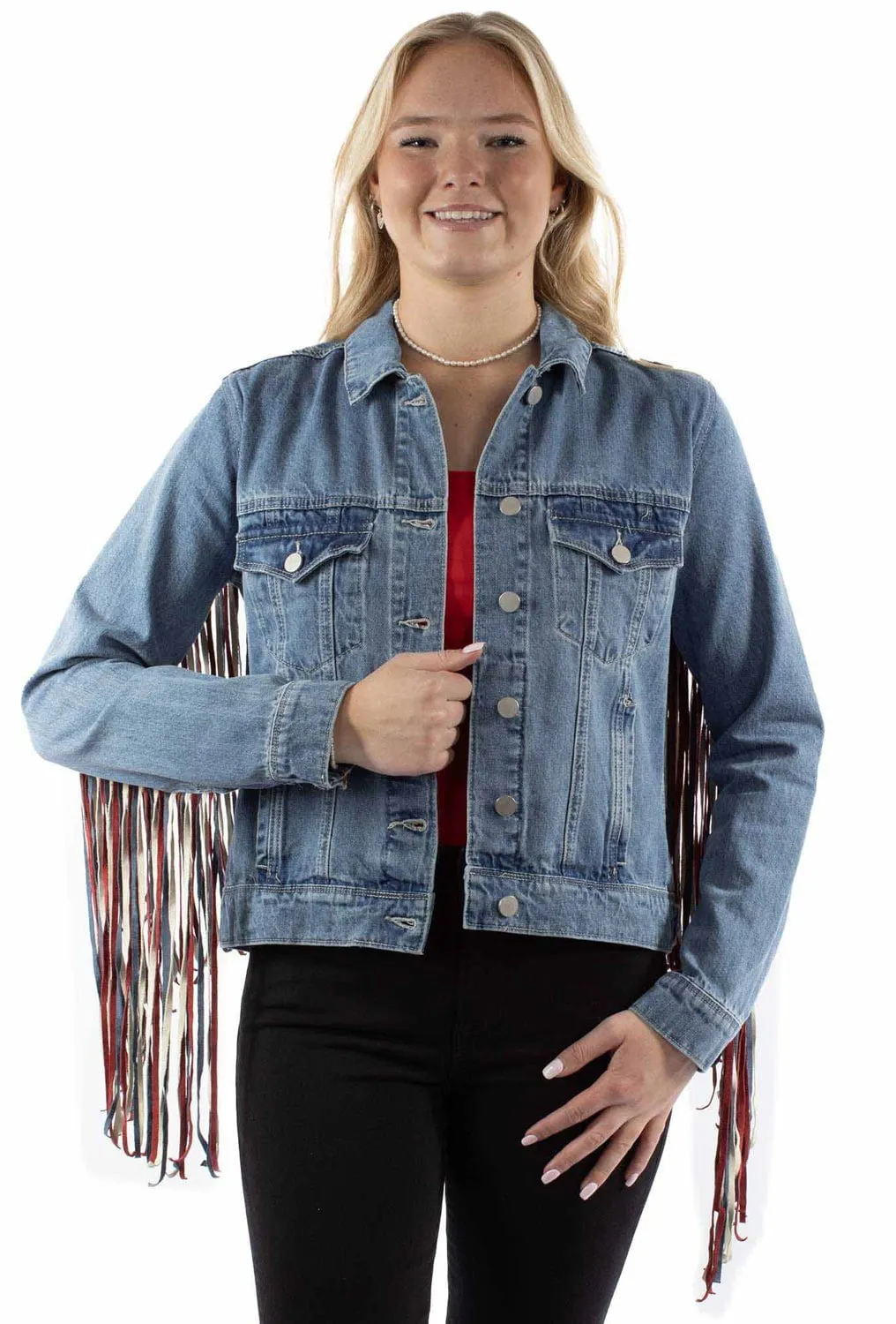 Stretch Unisex Wear Classic Wear Scully Womens Americana Denim Fringe Red/White/Blue Cotton Blend Cotton Jacket