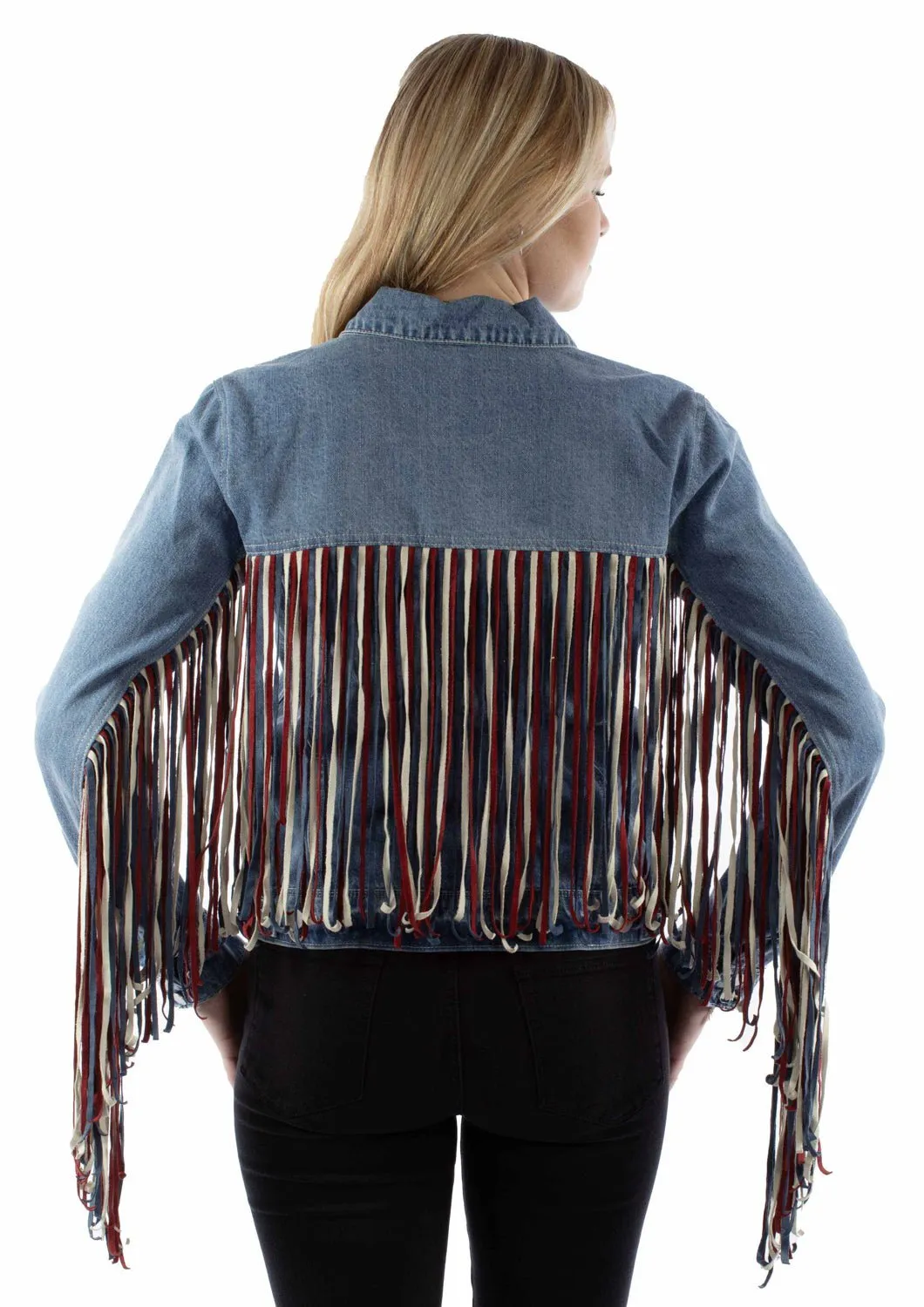 Winter Warmth Minimalist Core Look Scully Womens Americana Denim Fringe Red/White/Blue Cotton Blend Cotton Jacket