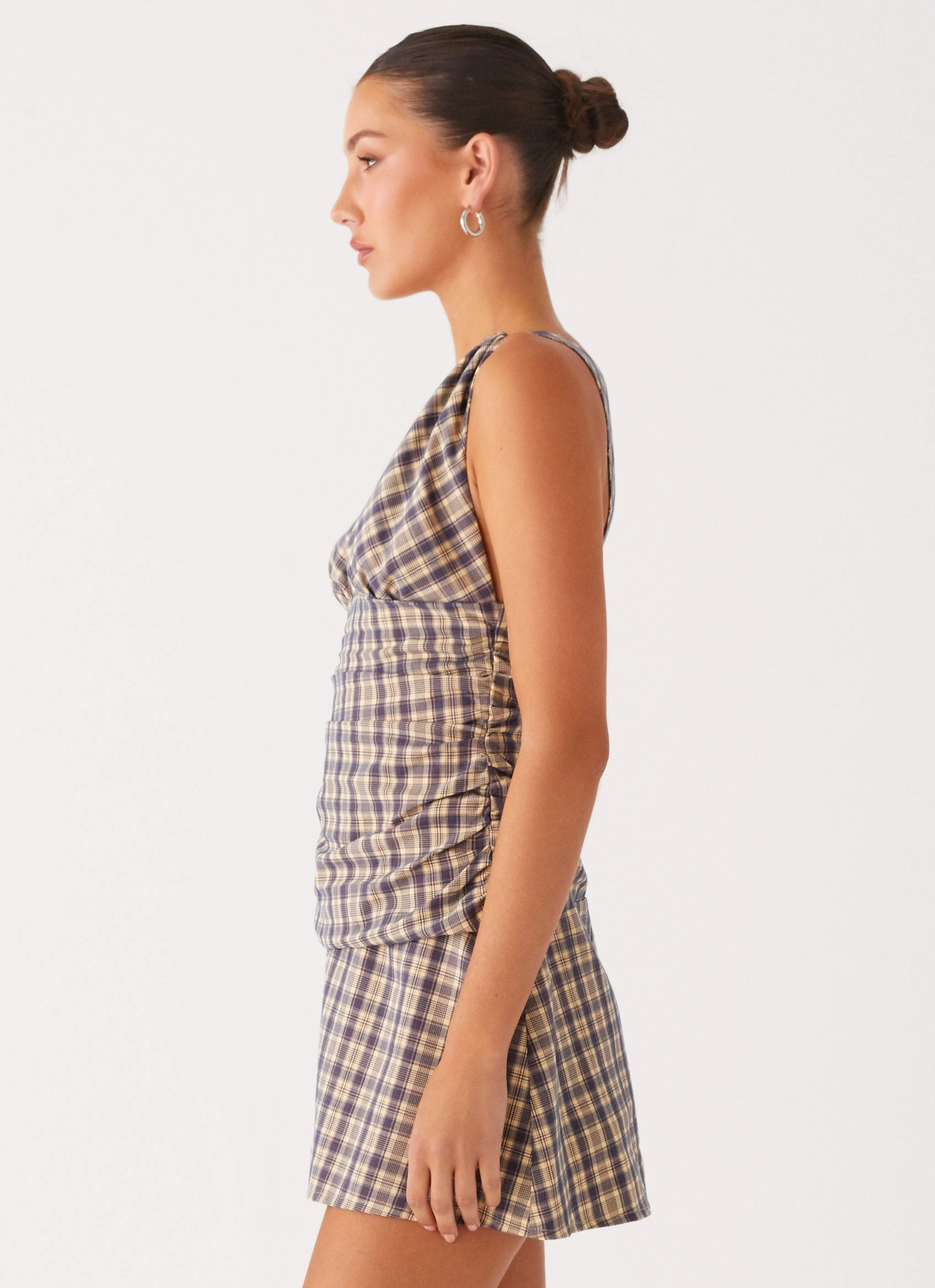 Tablo Drop Waist Mini Dress - Check Print Side-Slit
