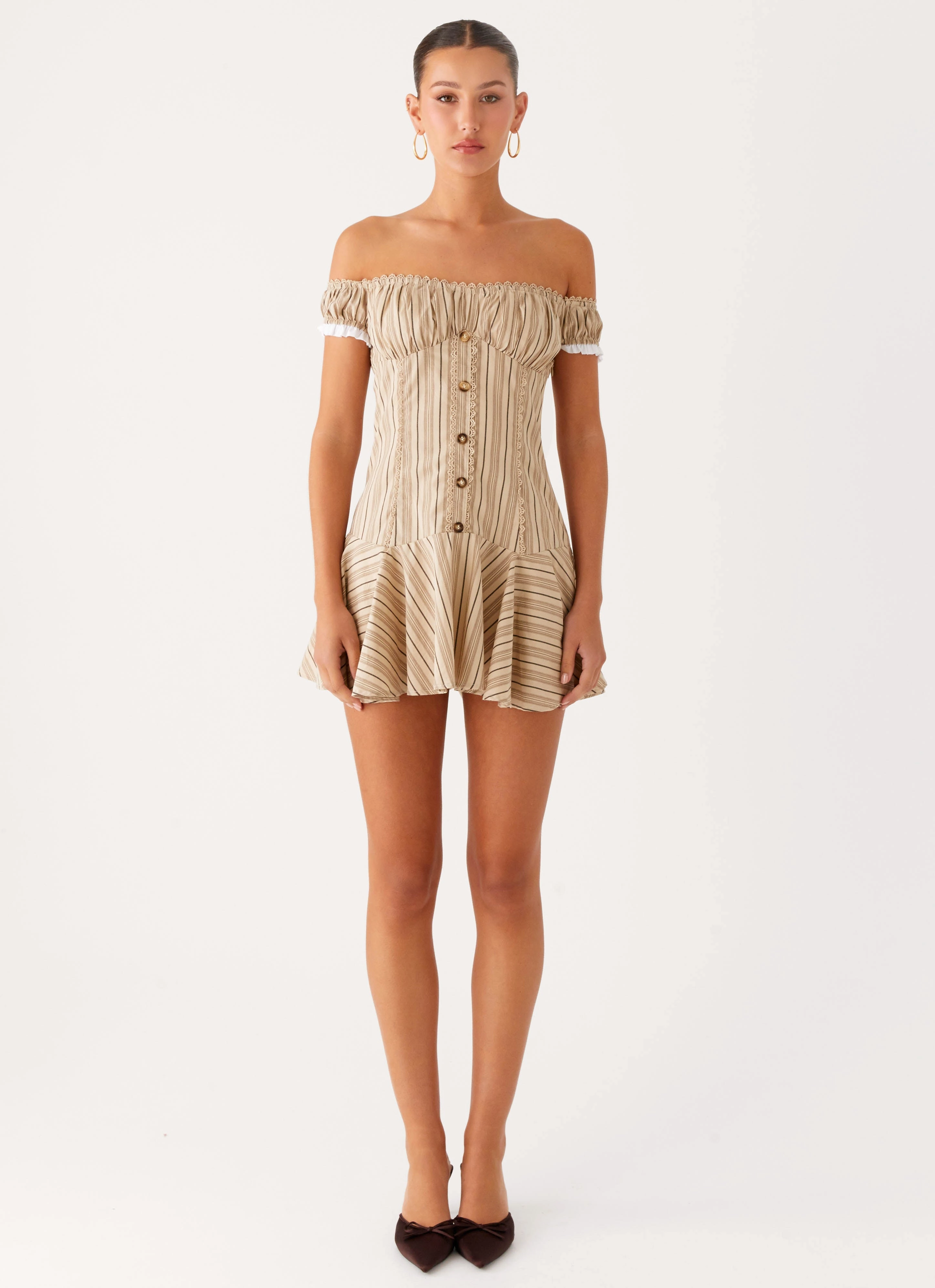 Jumana Off Shoulder Mini Dress - Off White Stripe summer look Sleek Texture