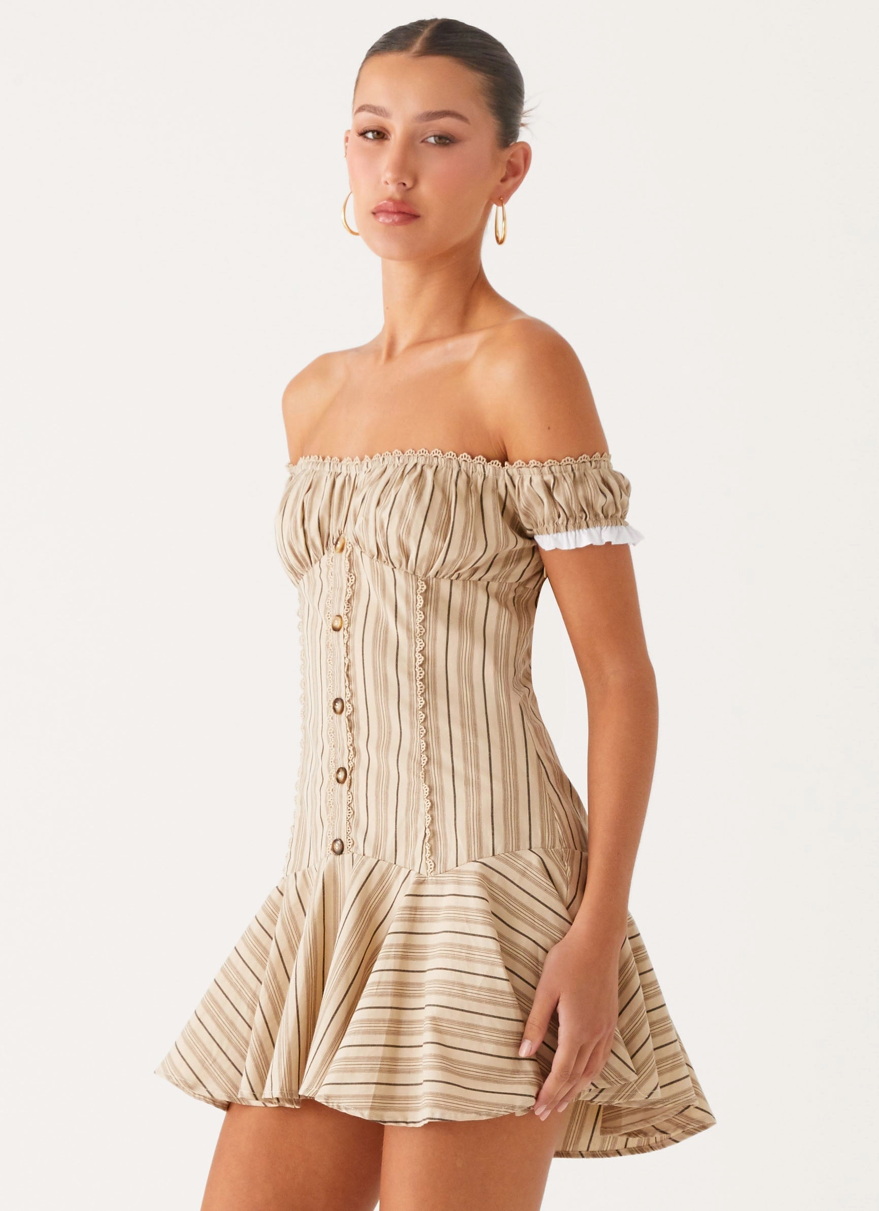 Jumana Off Shoulder Mini Dress - Off White Stripe Effortless Piece