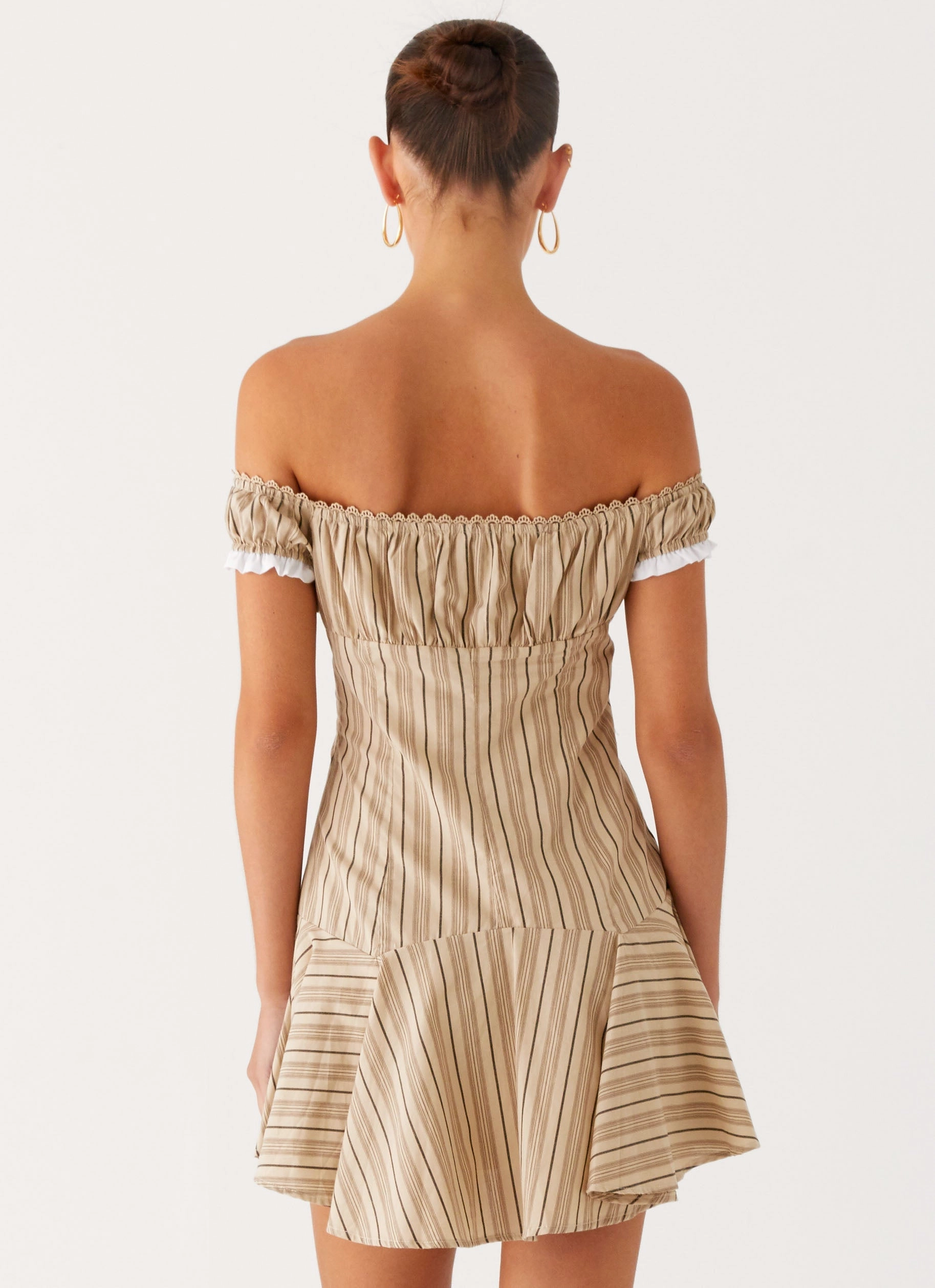 Jumana Off Shoulder Mini Dress - Off White Stripe All Layer Relaxed Waistband