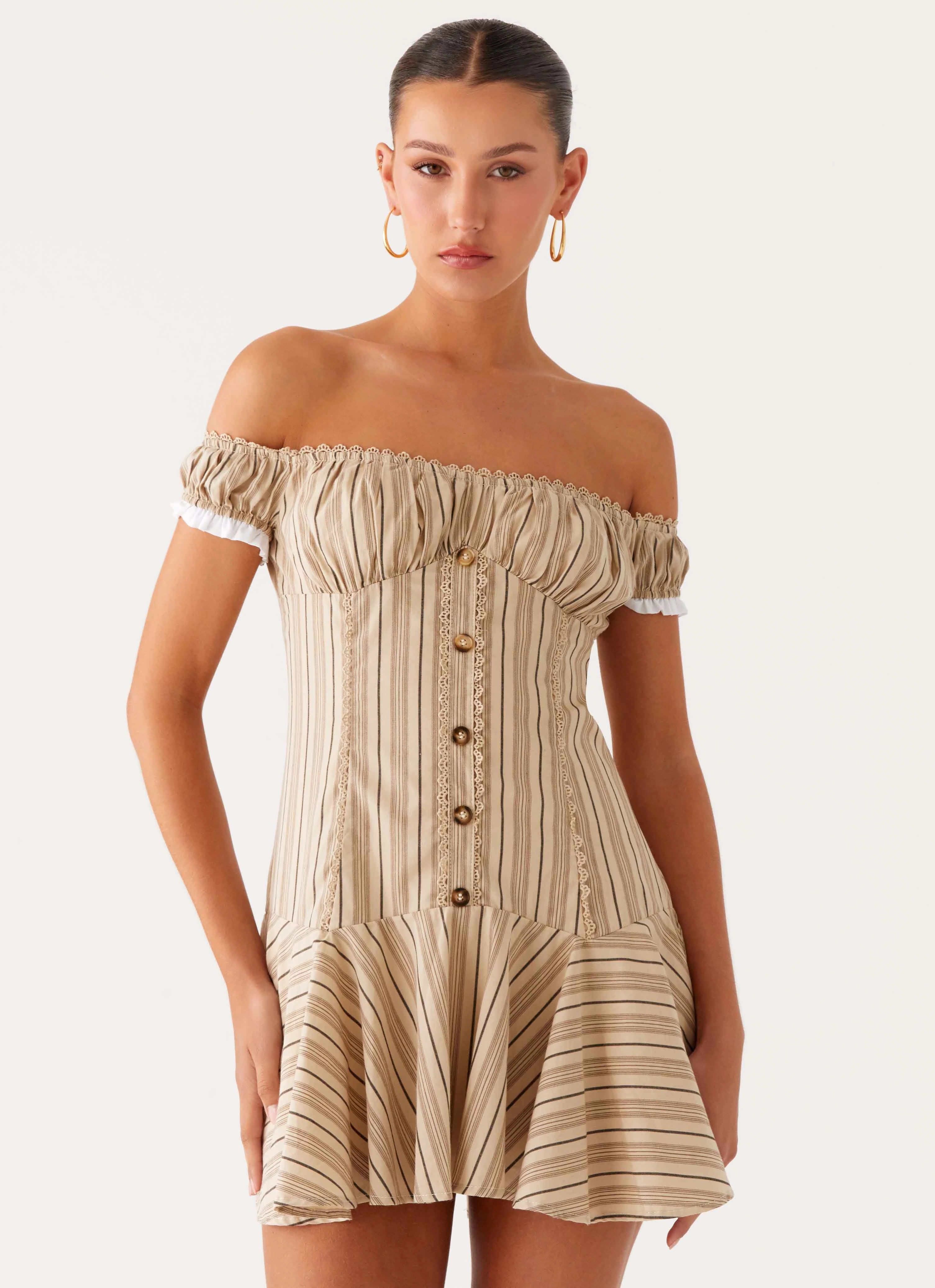 Flared shape Jumana Off Shoulder Mini Dress - Off White Stripe