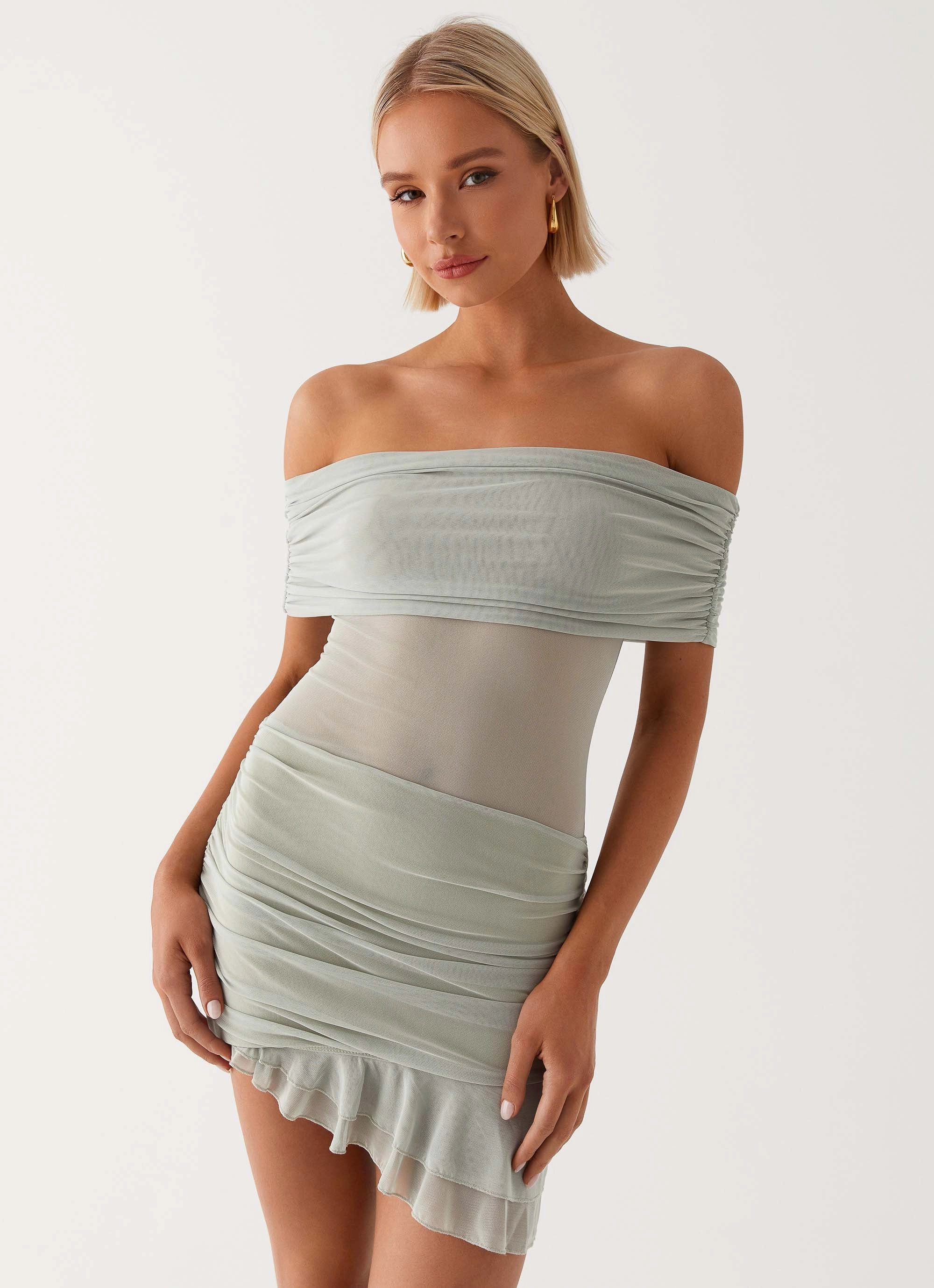 Nelly Off Shoulder Mini Dress - Pistachio Family Joy