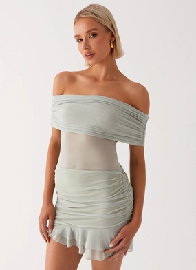 Stylish Garbs Nelly Off Shoulder Mini Dress - Pistachio Chic Spirit Nelly Off Shoulder Mini Dress - Pistachio
