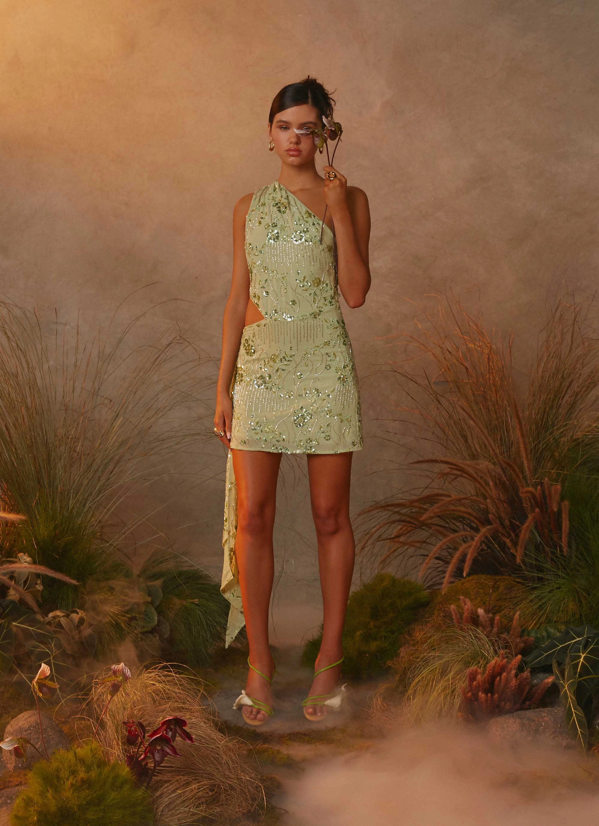 Juelz Beaded Mini Dress - Lime Metallic Finish UV-Resistant