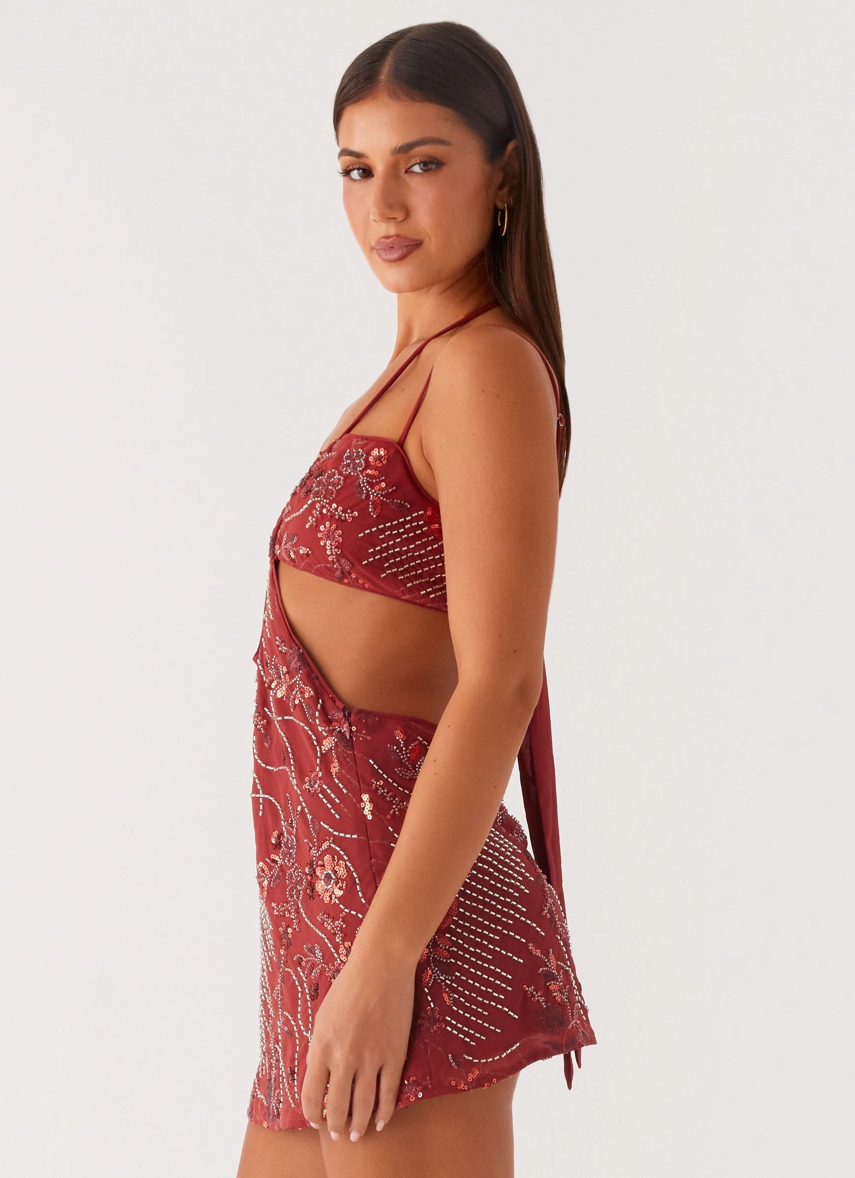 Silky Touch Sahara Nights Beaded Mini Dress - Rust