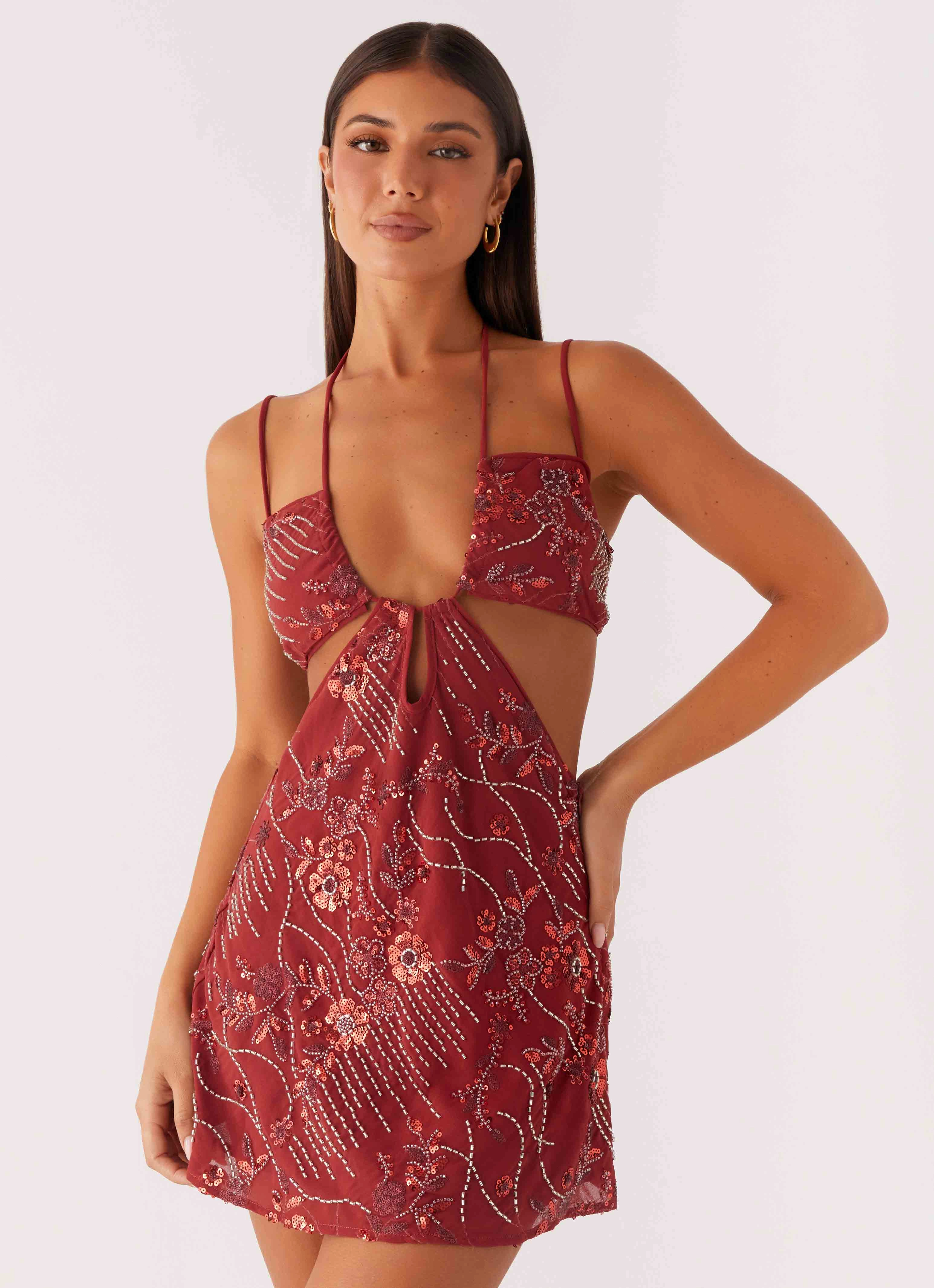 Sahara Nights Beaded Mini Dress - Rust Bold Color