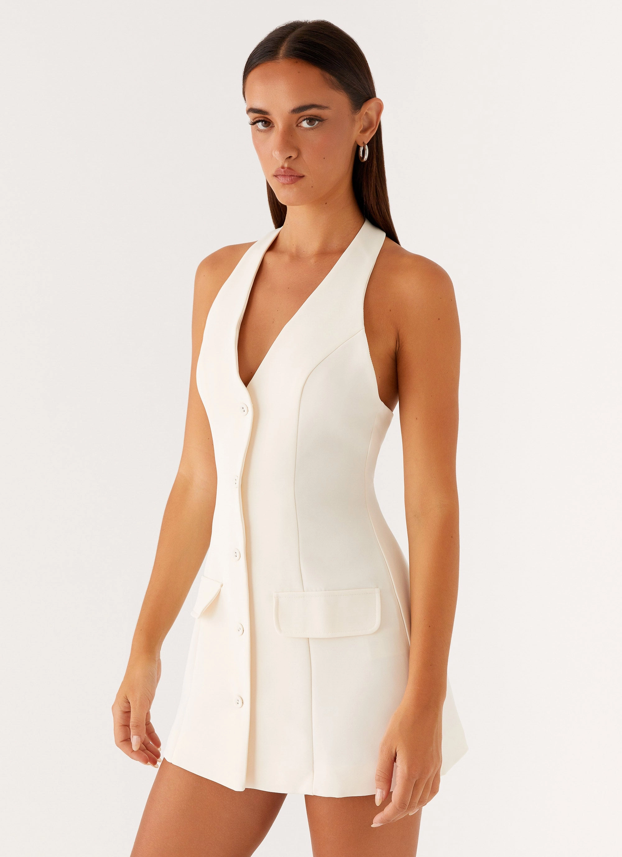 Mira Halter Neck Mini Dress - Ivory Basic Fashion