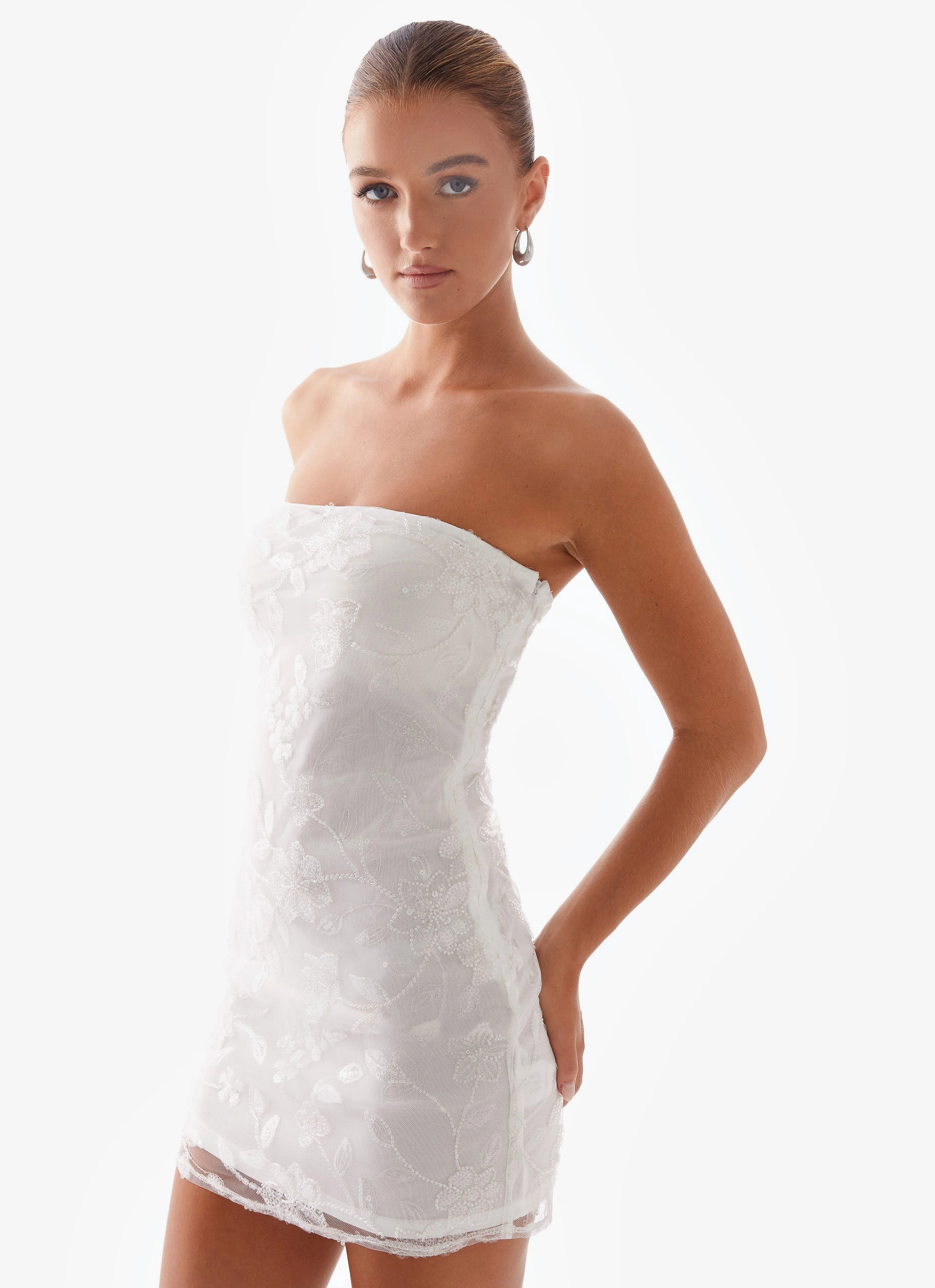 Luxe Fabric Moorey Beaded Mini Dress - White Silver