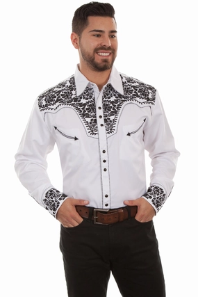 Stylish Wear Scully Mens White/Black Poly/Rayon Tooled Floral L/S Shirt XL Scully Mens White/Black Poly/Rayon Tooled Floral L/S Shirt XL Soft Texture