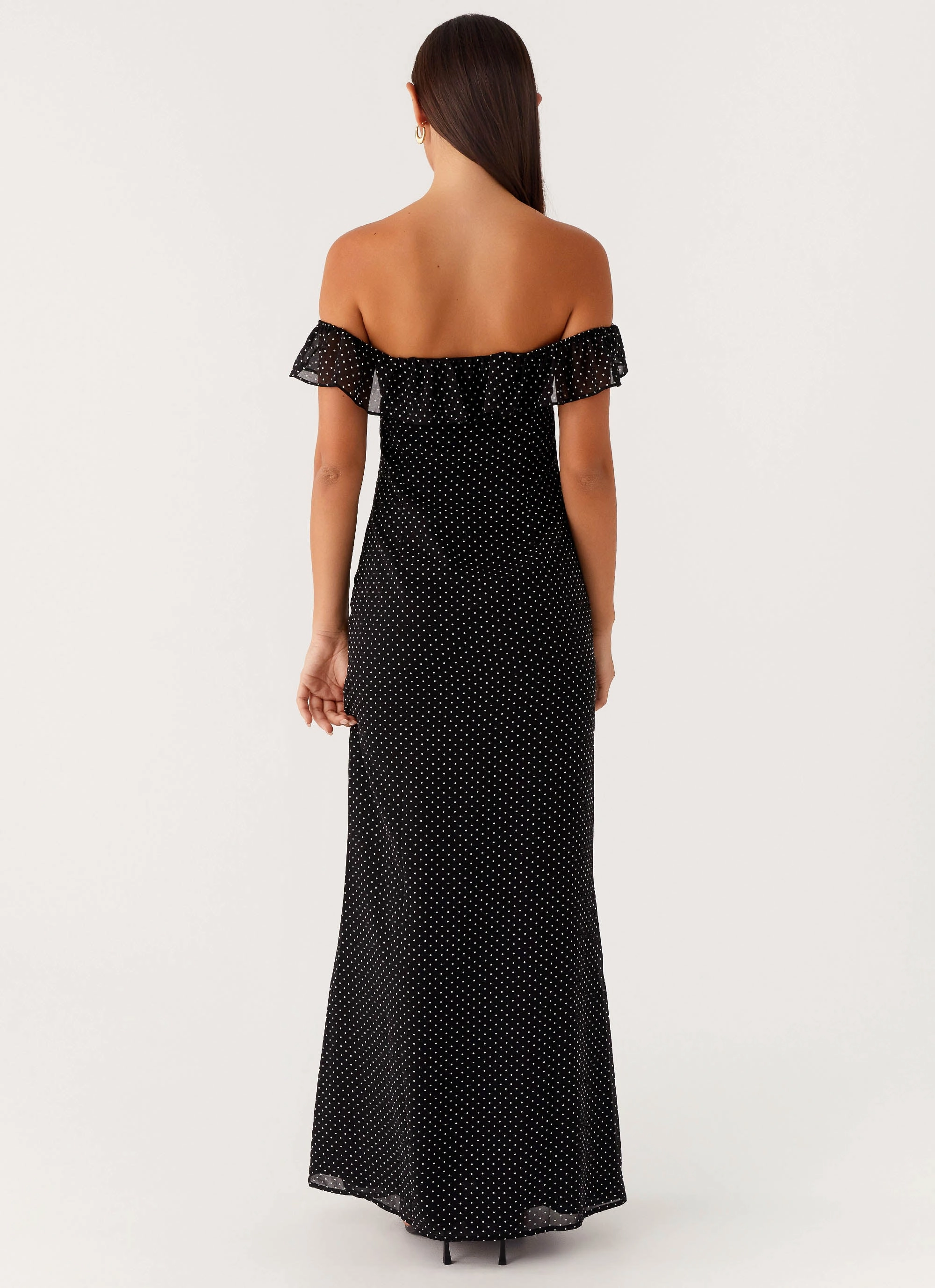 Scarlet Cherry Maxi Dress - Black Polka Dot Statement Mood Smooth Outline