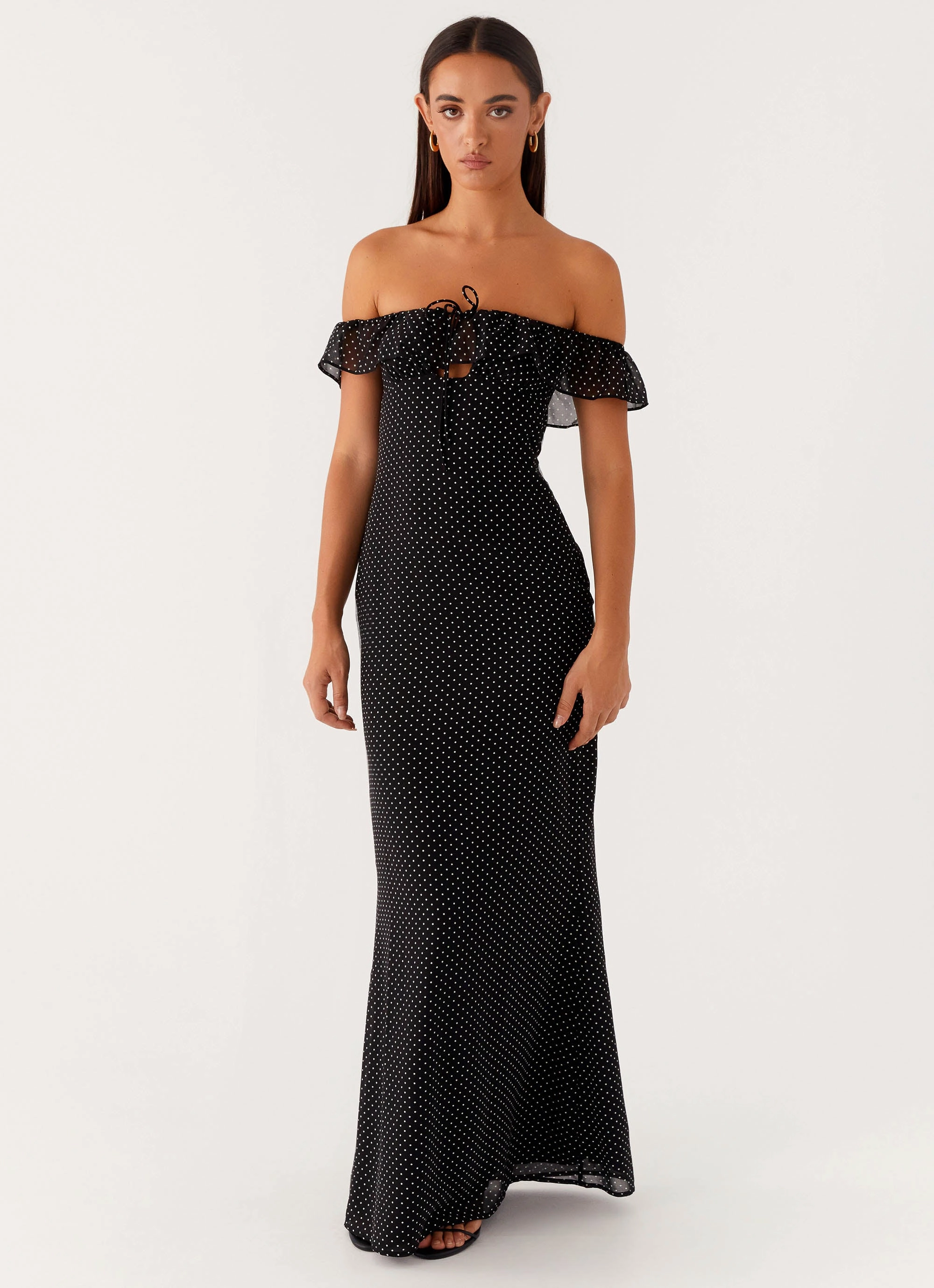 Sculpted Form Scarlet Cherry Maxi Dress - Black Polka Dot