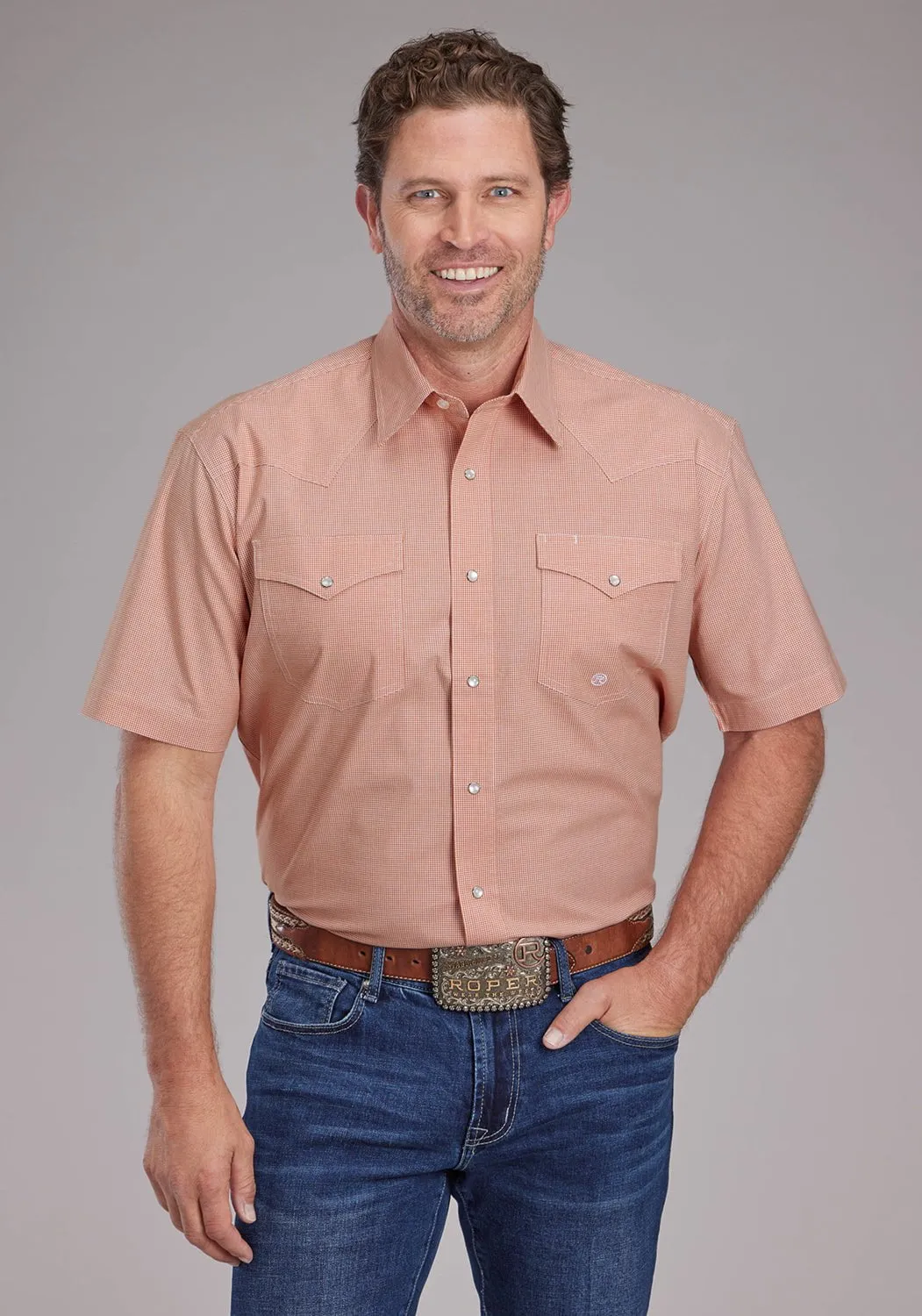 Roper Mens 2387 Stretch Minicheck Orange Cotton Blend S/S Shirt Sustainable Design