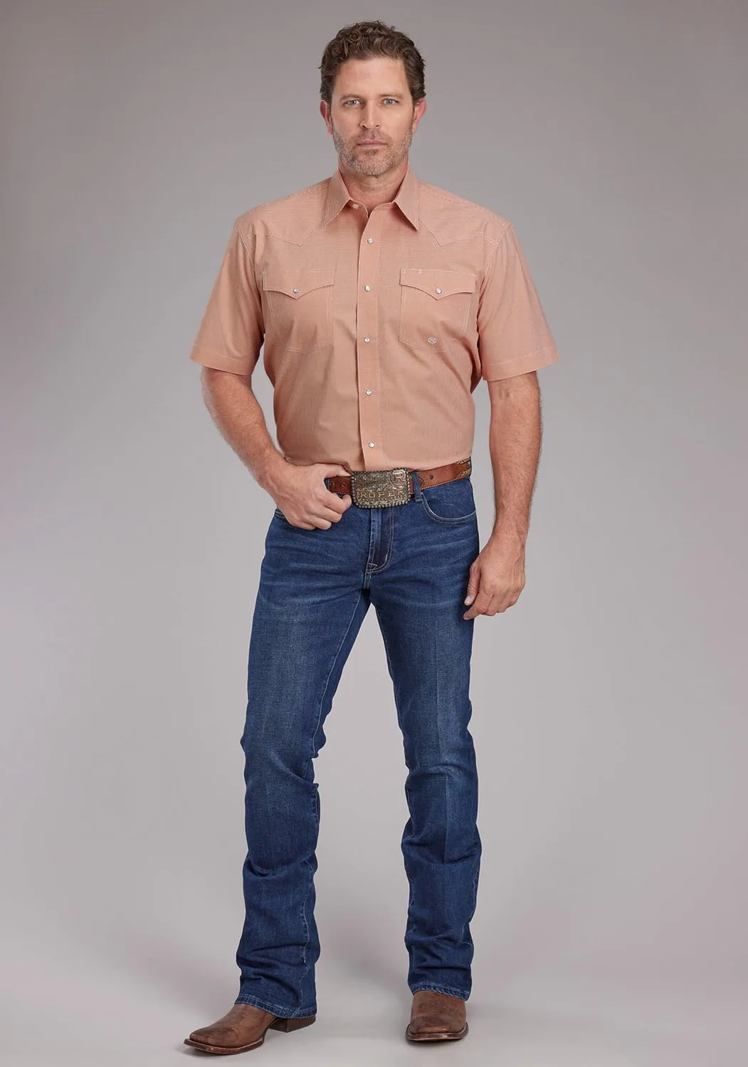 Modern Look Non Irritating Seams Roper Mens 2387 Stretch Minicheck Orange Cotton Blend S/S Shirt