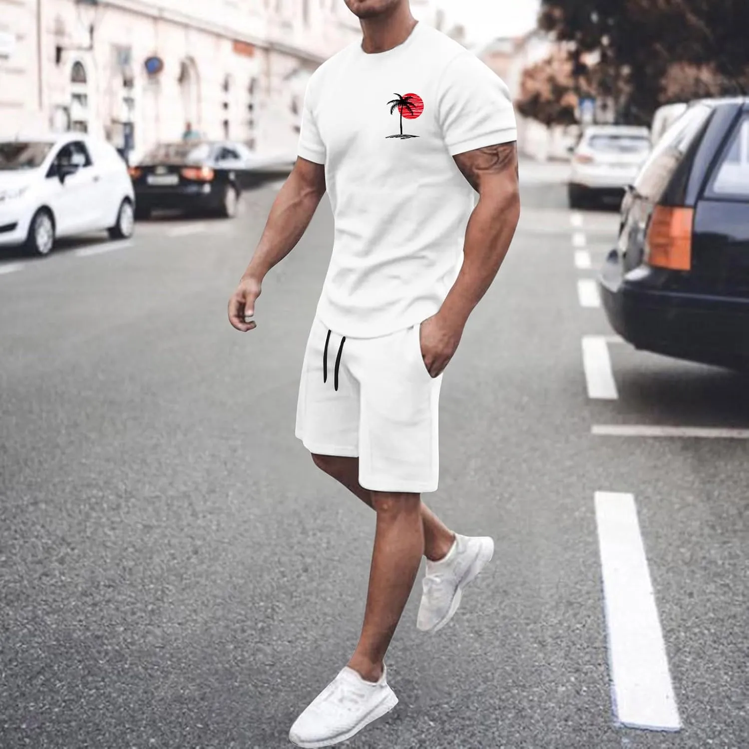 Summer Beach Outfits for Men Hawaiian Crewneck Short Sleeved Tracksuits Basic 2pc Comfortable Tee Tops and Short Sets